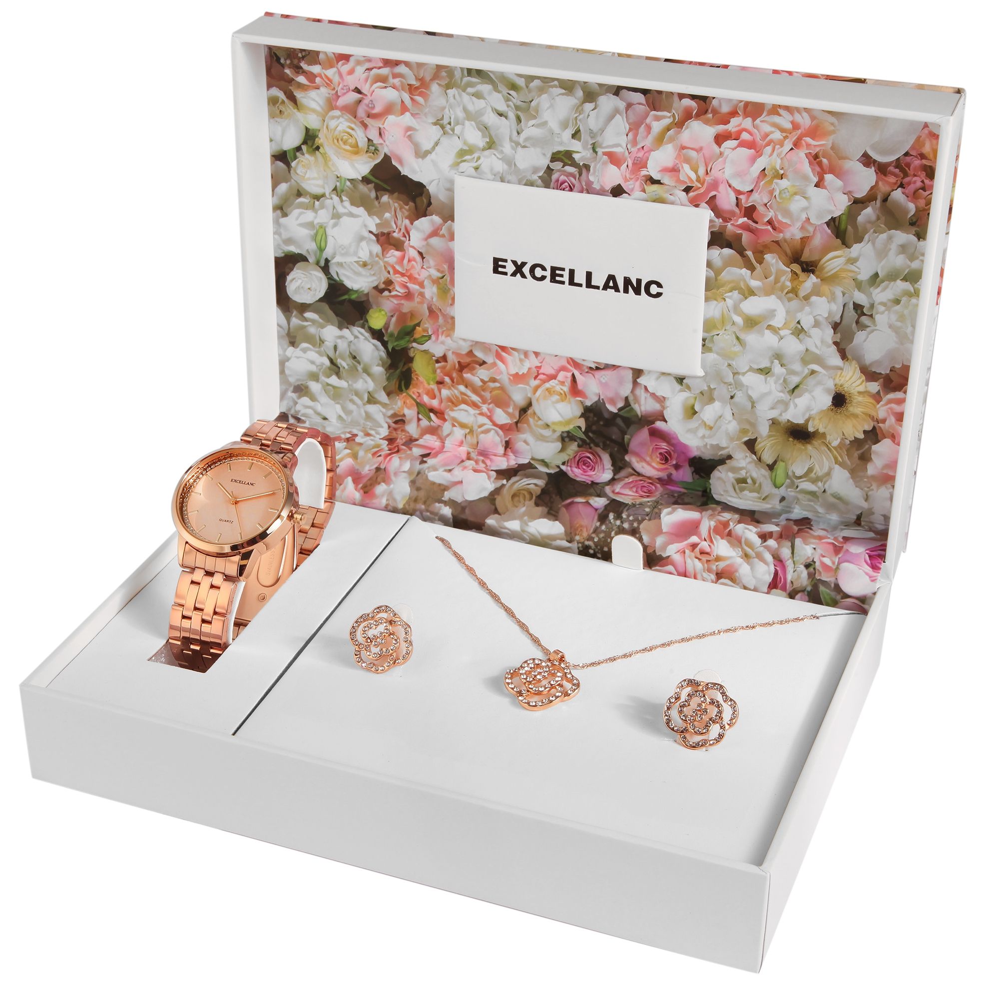 Excellanc Geschenkset mit Damenuhr, Halskette und Ohrsteckern, roségoldfarben
