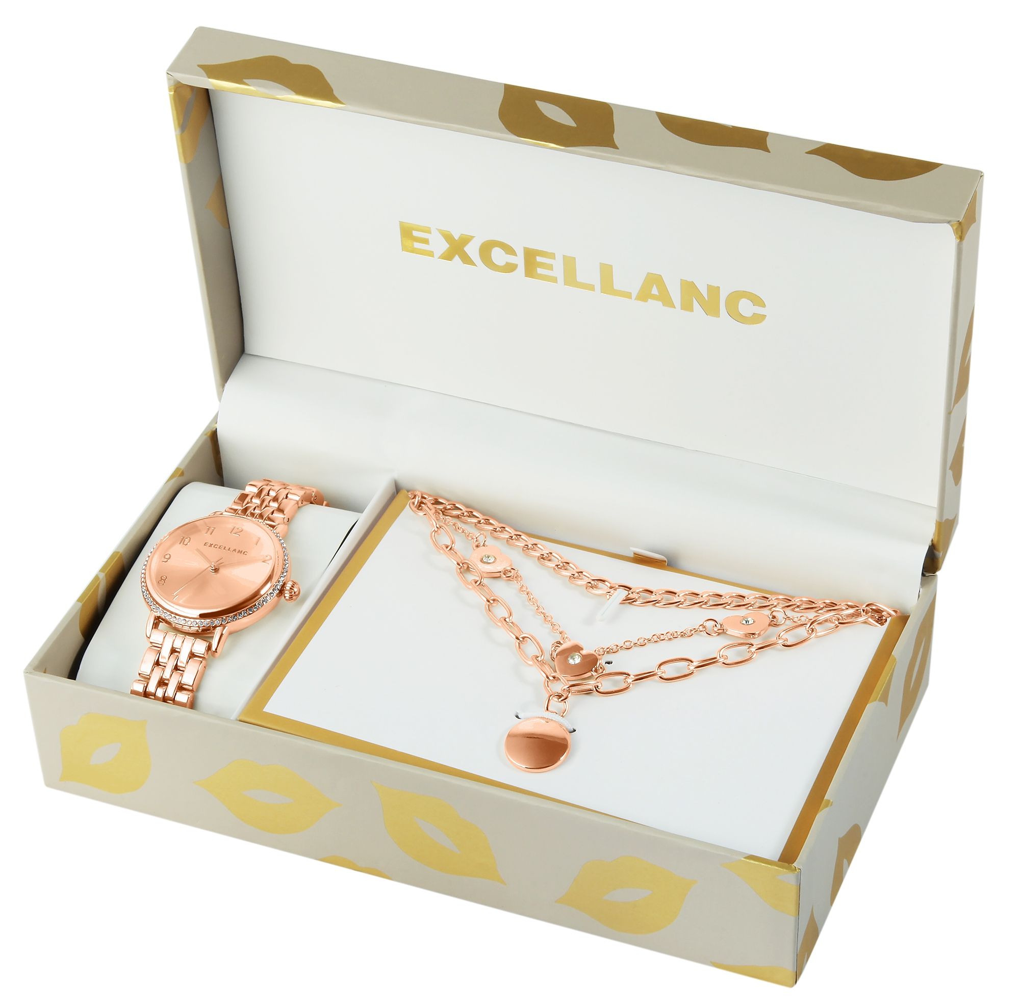 Excellanc Geschenkset mit Damenarmbanduhr und drei Halsketten, roségoldfarben