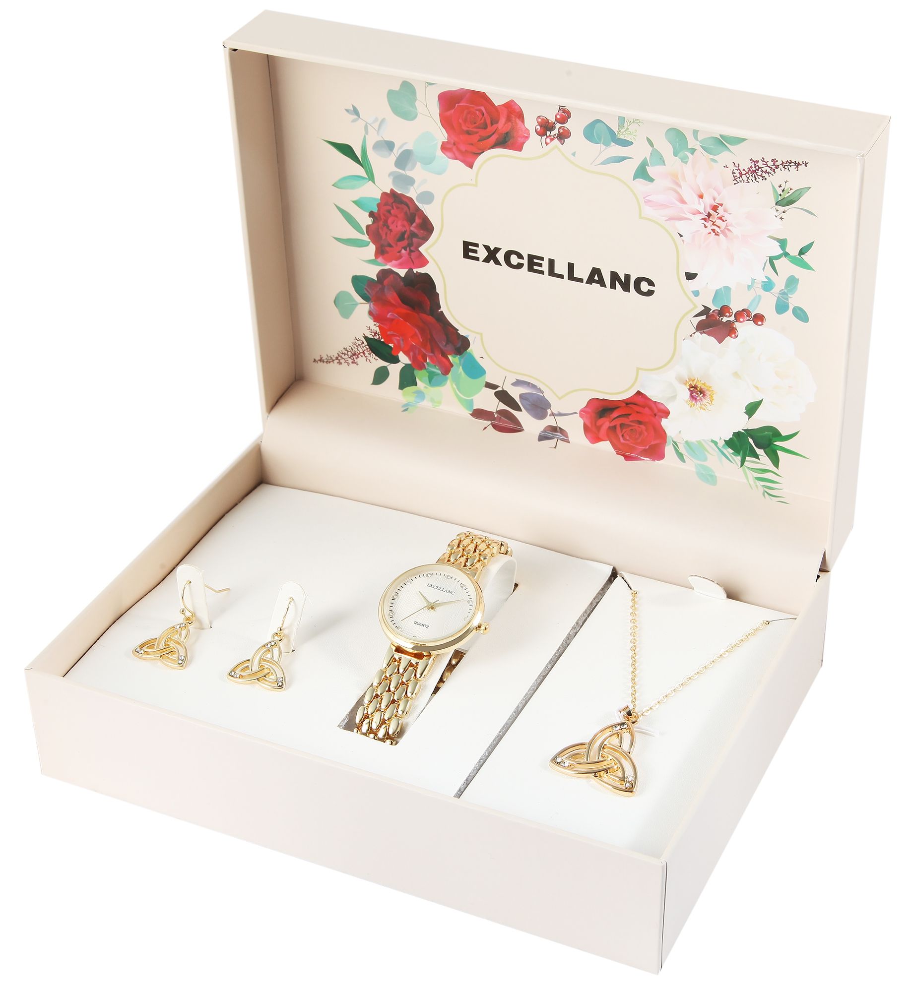 Excellanc Geschenkset mit Armbanduhr, Halskette und Ohrringen, goldfarben