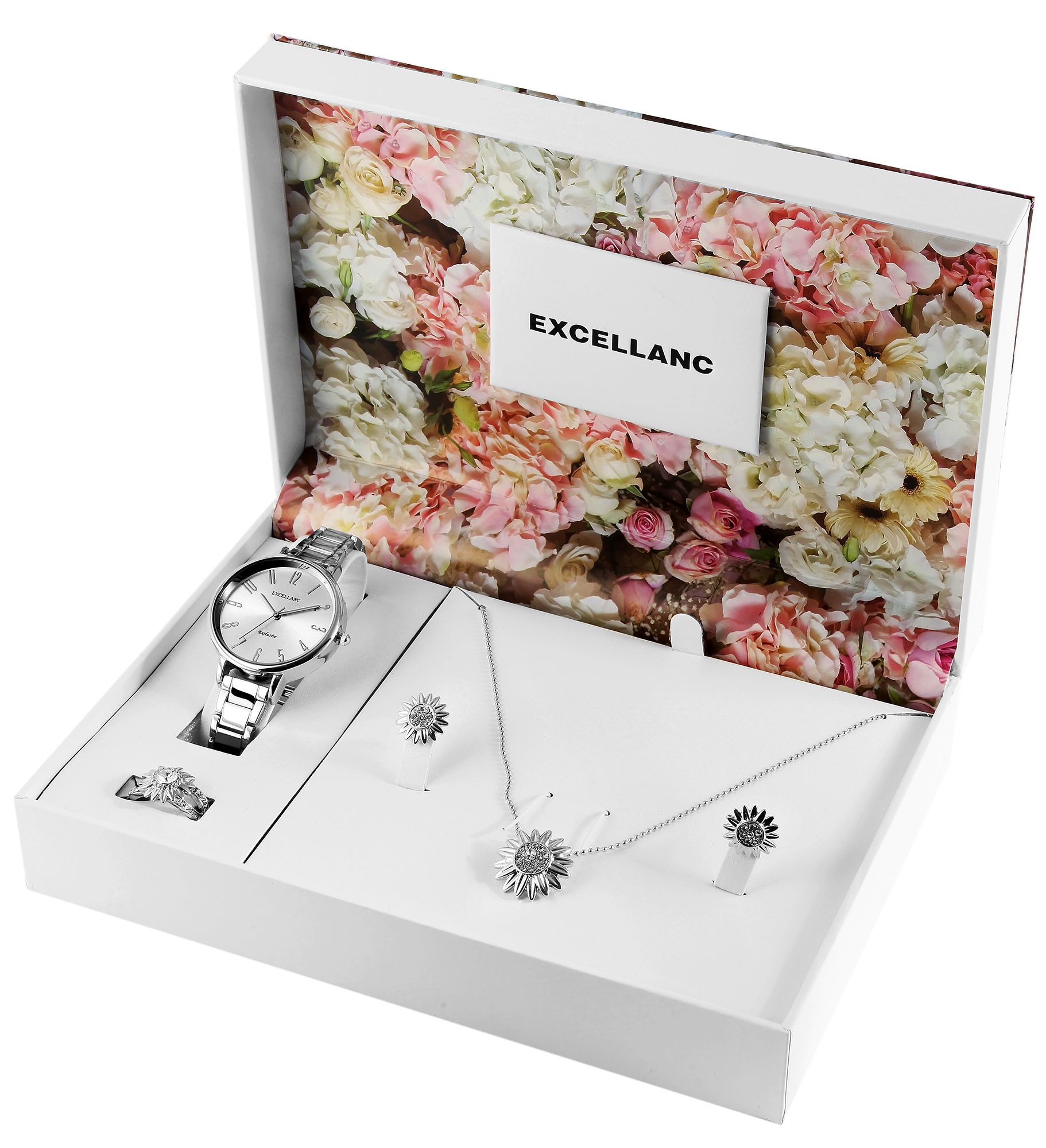 Excellanc Damen Geschenkset mit Uhr, Halskette, Fingerring und Ohrsteckern, silberfarben
