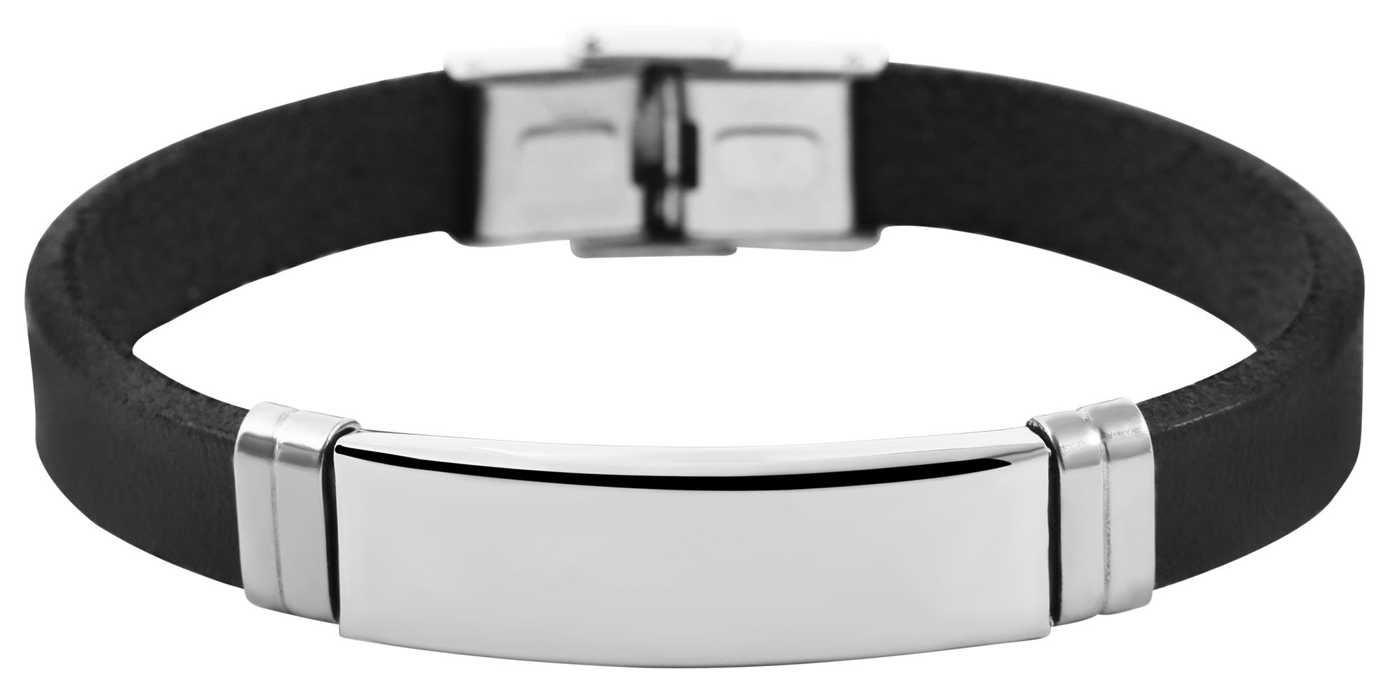 "Tano", Echtlederarmband, Edelstahlgravurplatte, schwarz/silberfarben, 21 cm