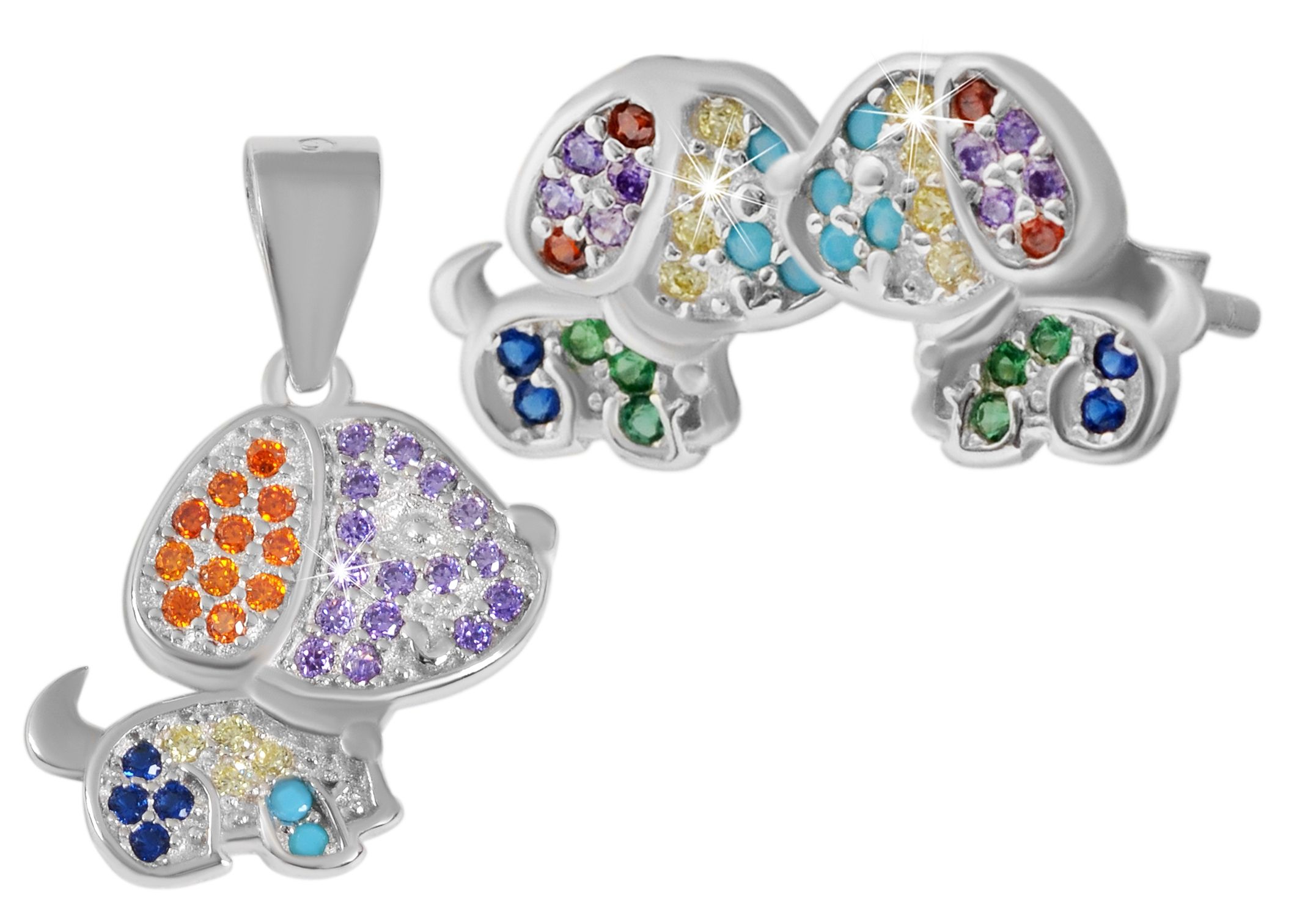 "Joy" 925/- Echt Silber Schmuckset (Ohrstecker & Anhänger), Kinder - Hund, rhodiniert