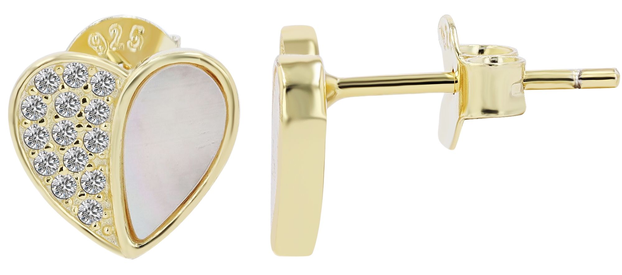 "Aveline" 925/- Echt Silber Ohrstecker - Herz, Perlmutt & Zirkoniabesatz, vergoldet