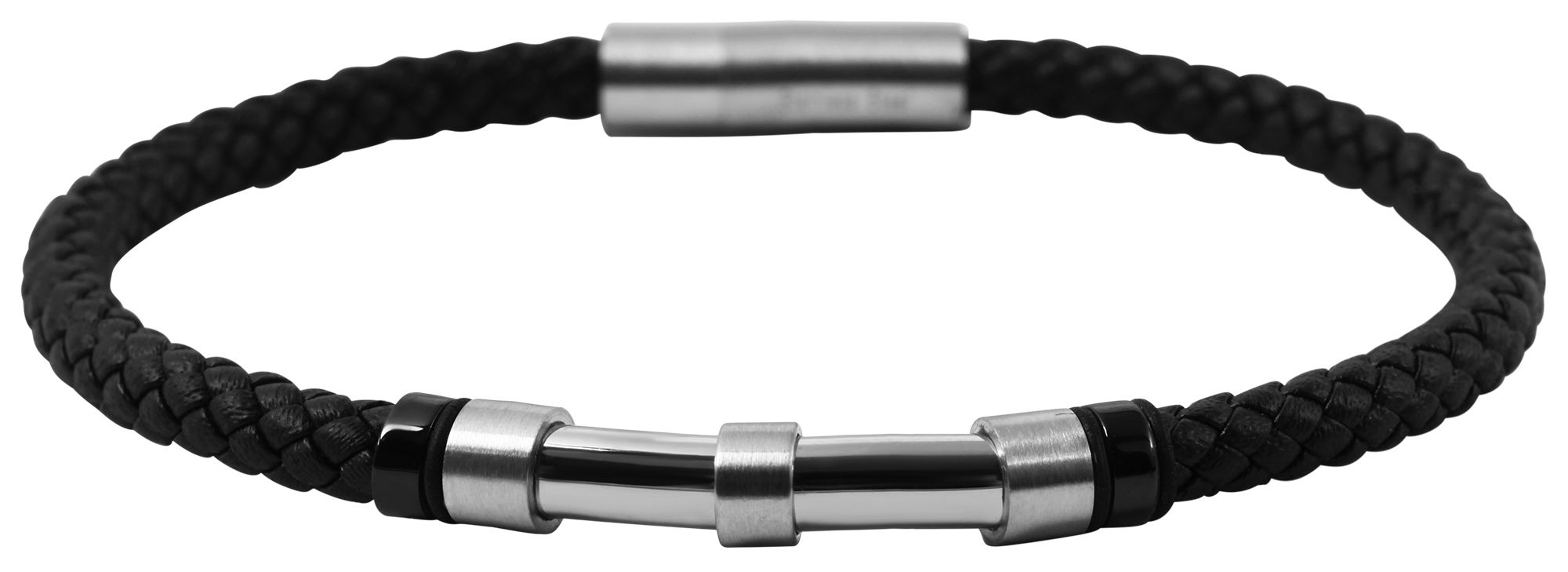 Akzent Echtlederarmband, geflochten mit Edelstahlelement, schwarz/silberfarben