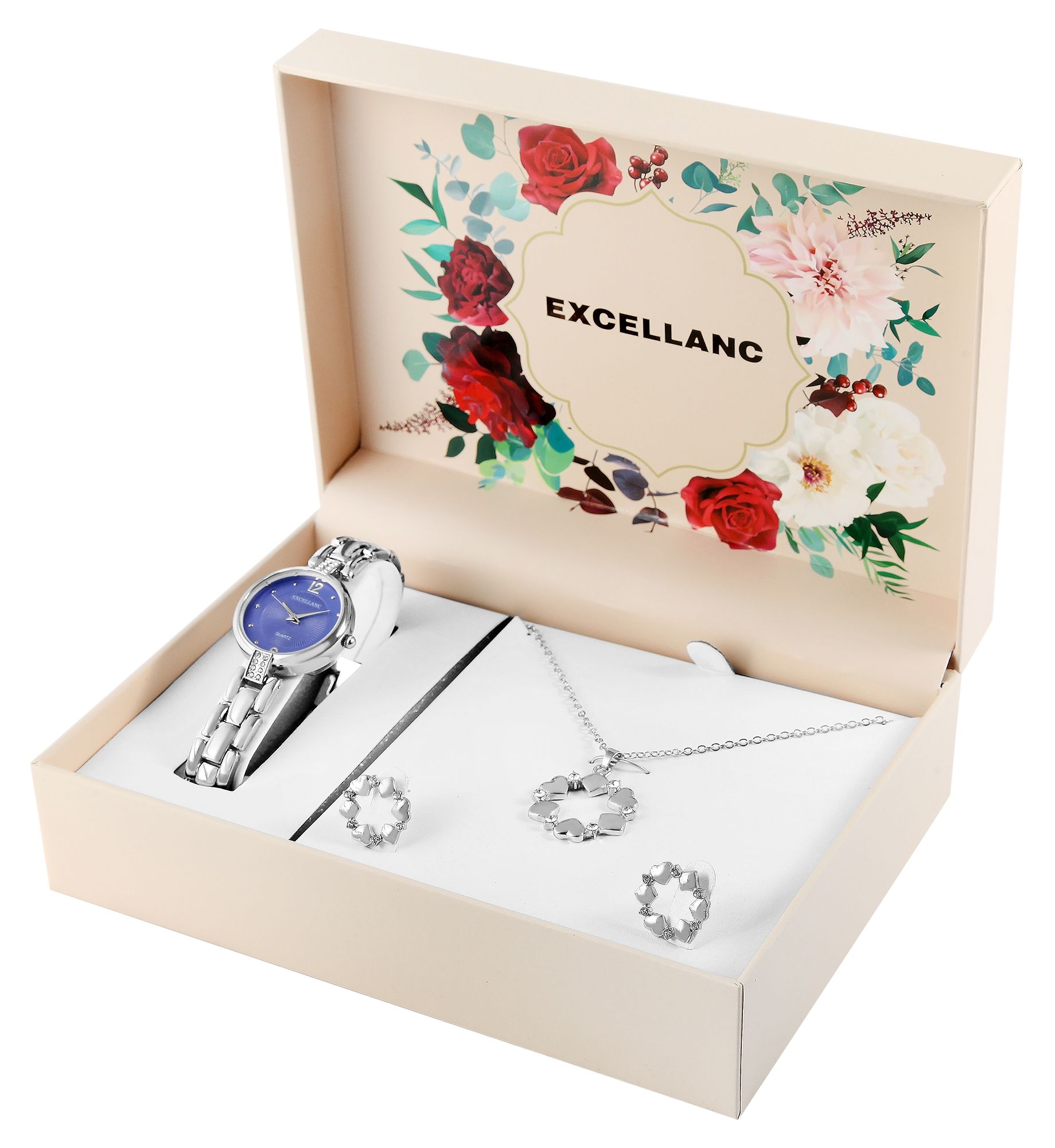 Excellanc Damen-Geschenkset mit Armbanduhr, Halskette und Ohrsteckern, silberfarben/blau