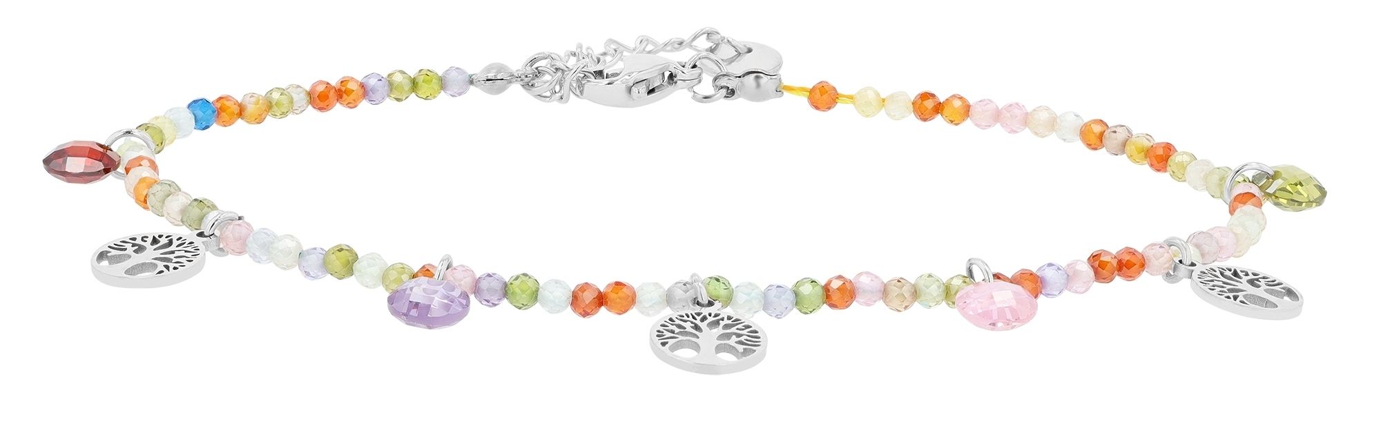"Nysa" Akzent Armband mit bunten Perlen und Lebensbaumanhänger, silberfarben