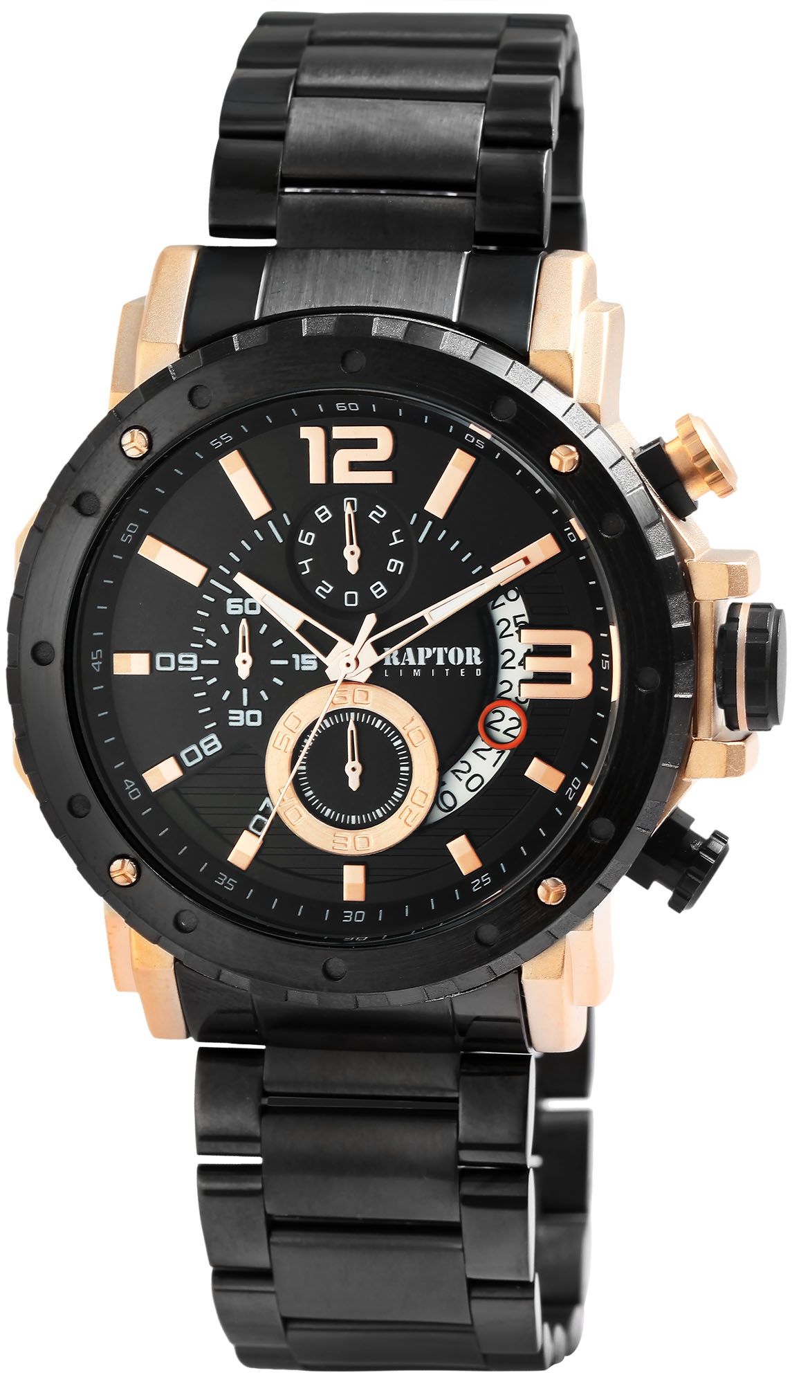 Raptor Limited Herrenchronograph "Alan" mit Edelstahlarmband, schwarz/roségoldfarben