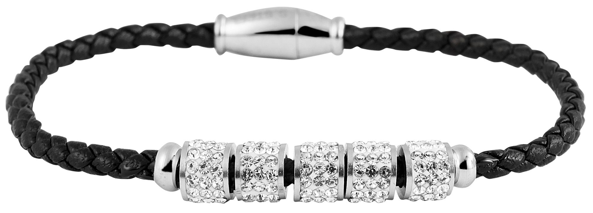 Akzent Echtlederarmband mit Edelstahlelementen und Similibesatz, schwarz/silberfarben