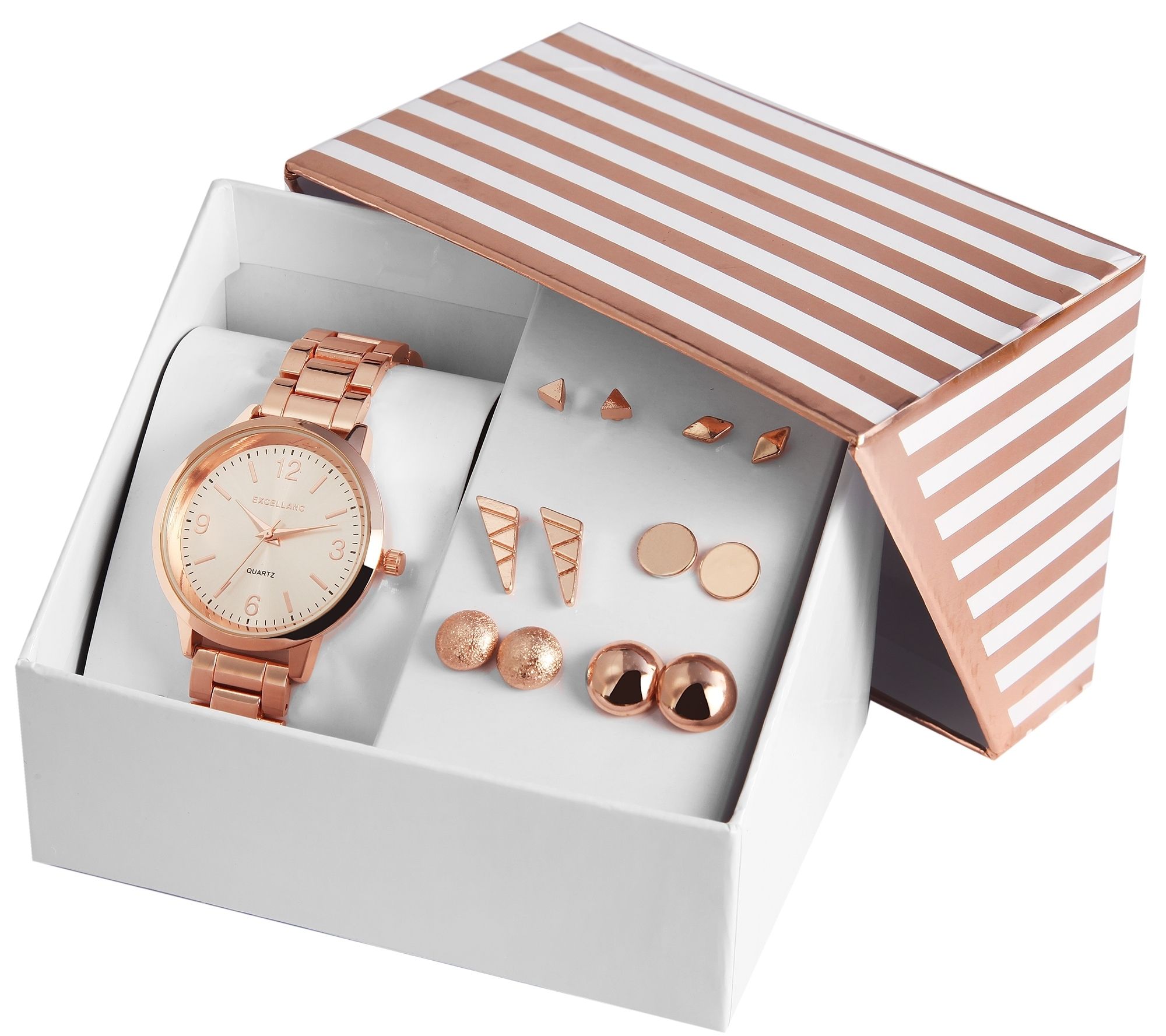 Excellanc Geschenkset Damen, Uhr, sechs Paar Ohrstecker, roségoldfarben