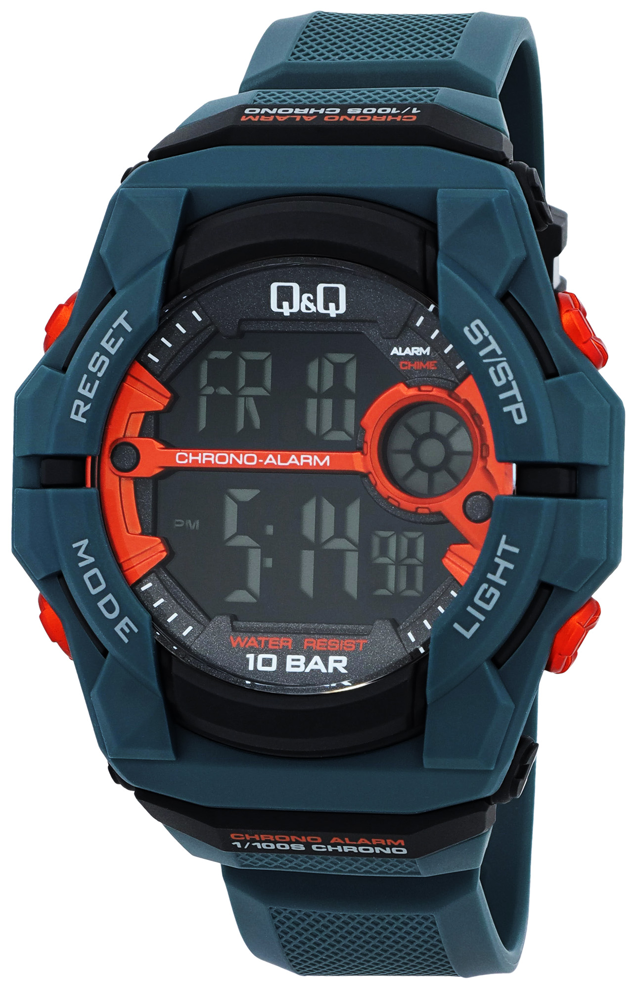 Q&Q Digitaluhr für Herren Ø 50 mm, Resinband, blau (orangene Details)
