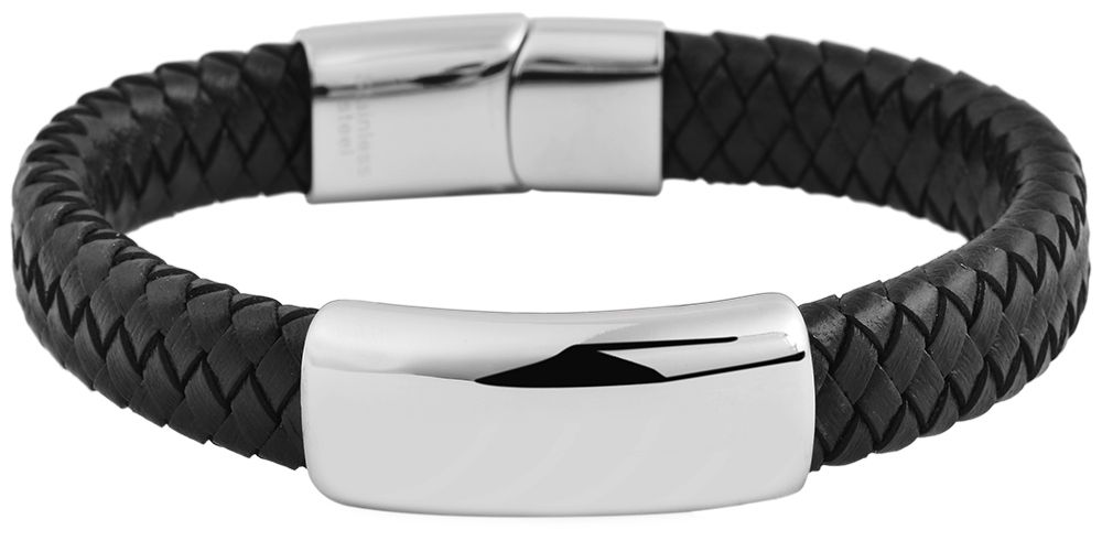 Akzent geflochtenes Echtlederarmband mit Edelstahlgravurplatte, schwarz/silberfarben