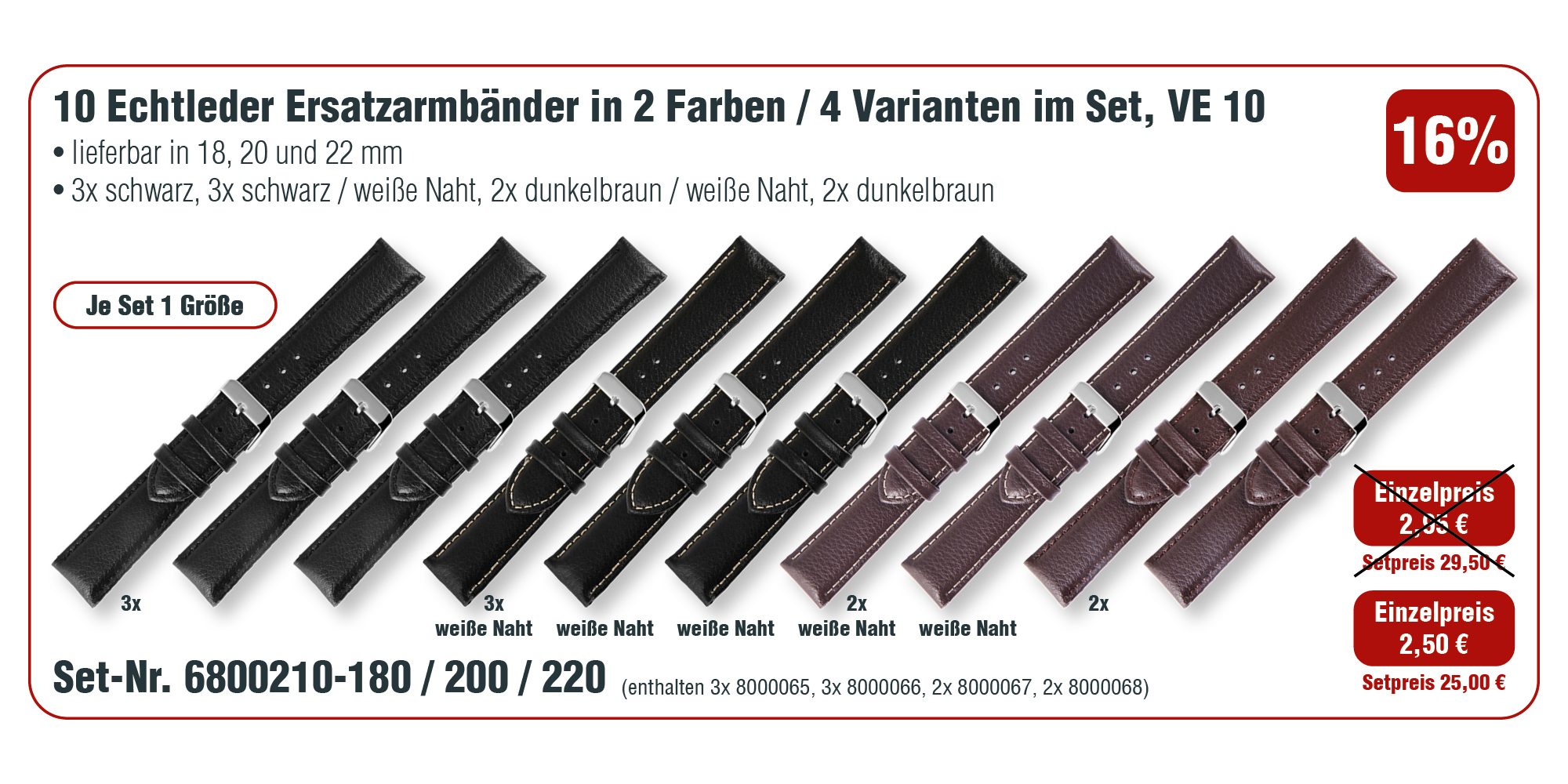 10  Echt Leder Ersatzuhrenarmbänder in 2 Farben / 4 Varianten im Set, VE 10