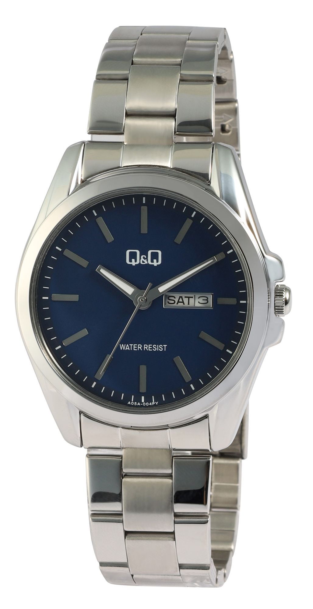 Q&Q Herrenuhr mit Edelstahlarmband, Datums- und Wochentagsanzeige, silberfarben/blau