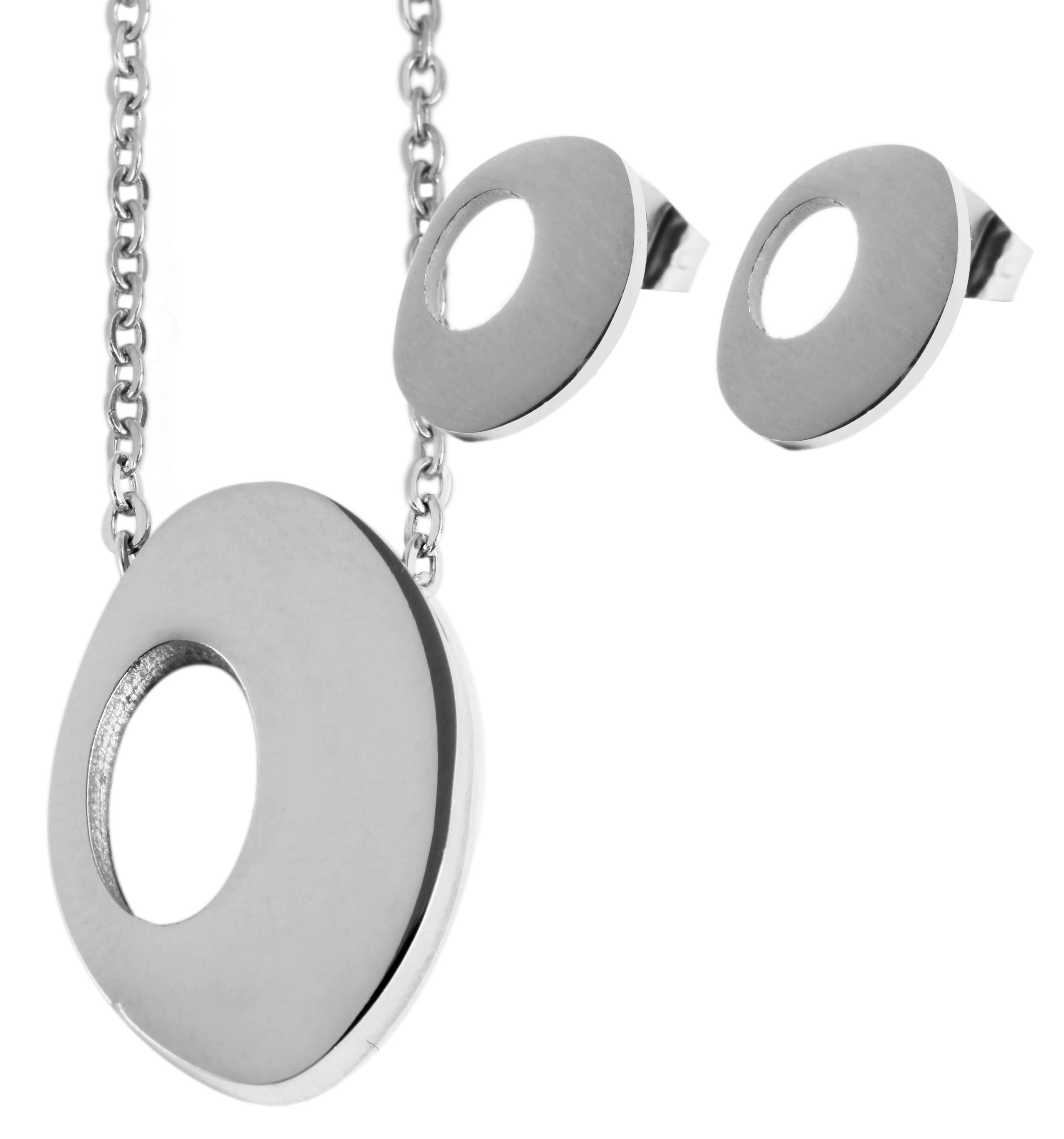 Edelstahl Schmuckset, Kette 43 + 5cm mit Anhänger + Ohrringe, silberfarbig