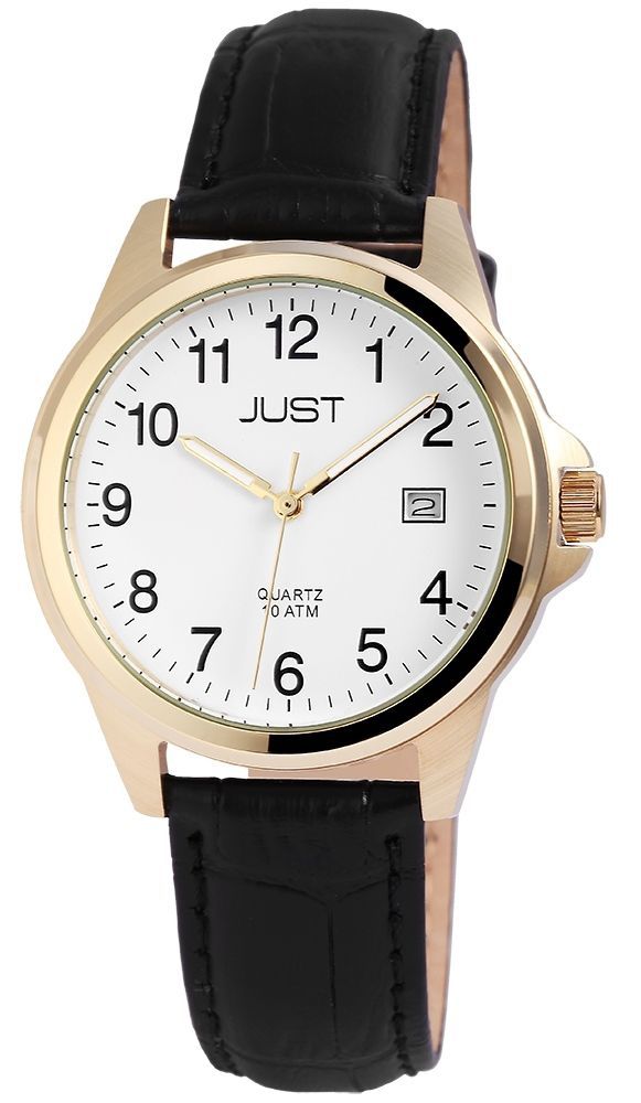 Just Echtleder Herrenarmbanduhr, 3-Zeiger, Datumsanzeige, schwarz/goldfarbig