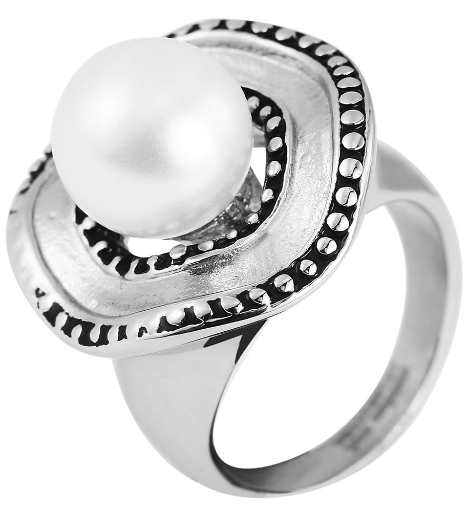 "Halima", Edelstahl Damenring, Perle, bicolor silberfarben/schwarz, 56-62