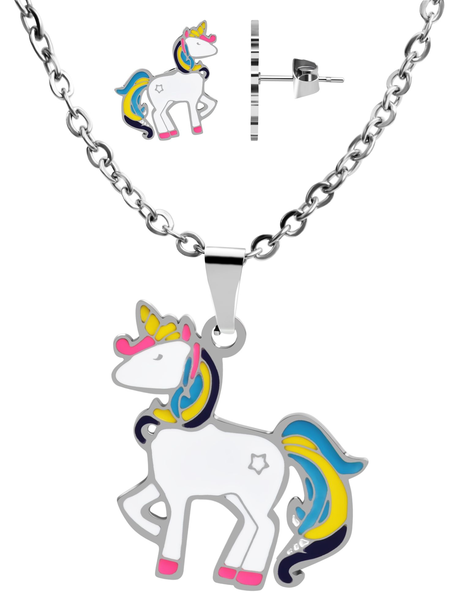 Akzent Schmuckset aus Edelstahl, Kette und Ohrstecker, Einhorn, mehrfarbig