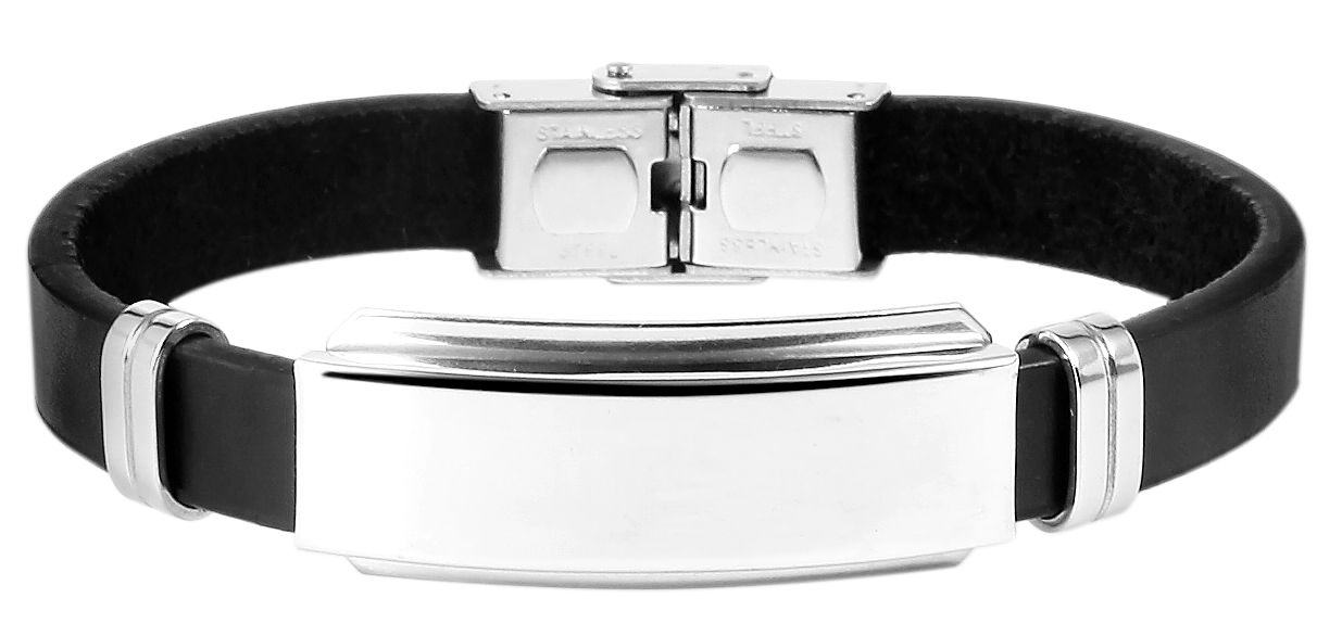 "Majid", Echtlederarmband, Edelstahlgravurplatte, poliert, schwarz/silberfarben, 21,5 cm