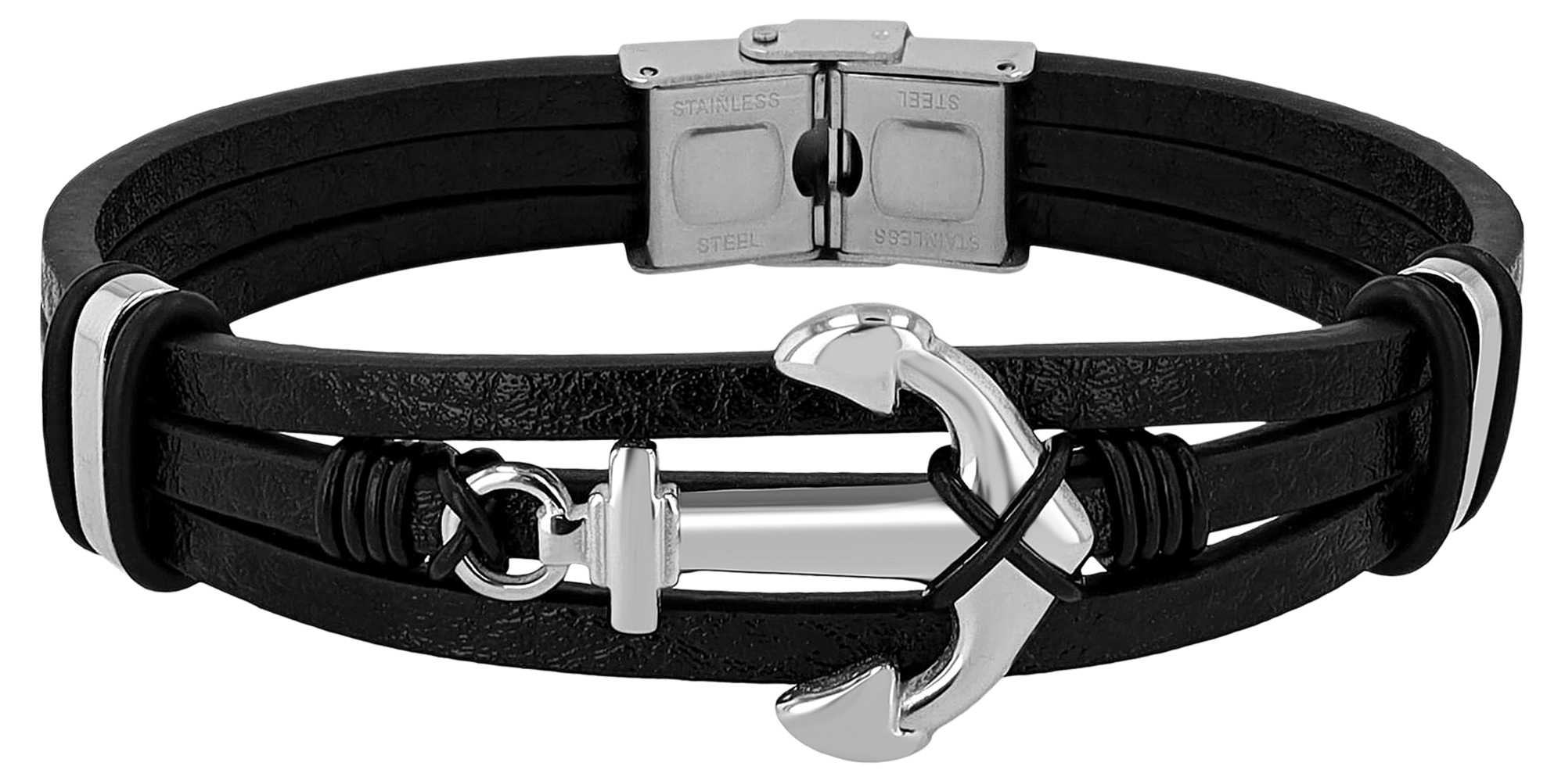 "Baltur", Akzent Lederarmband, Edelstahl Anker, schwarz/silberfarben, 22 cm