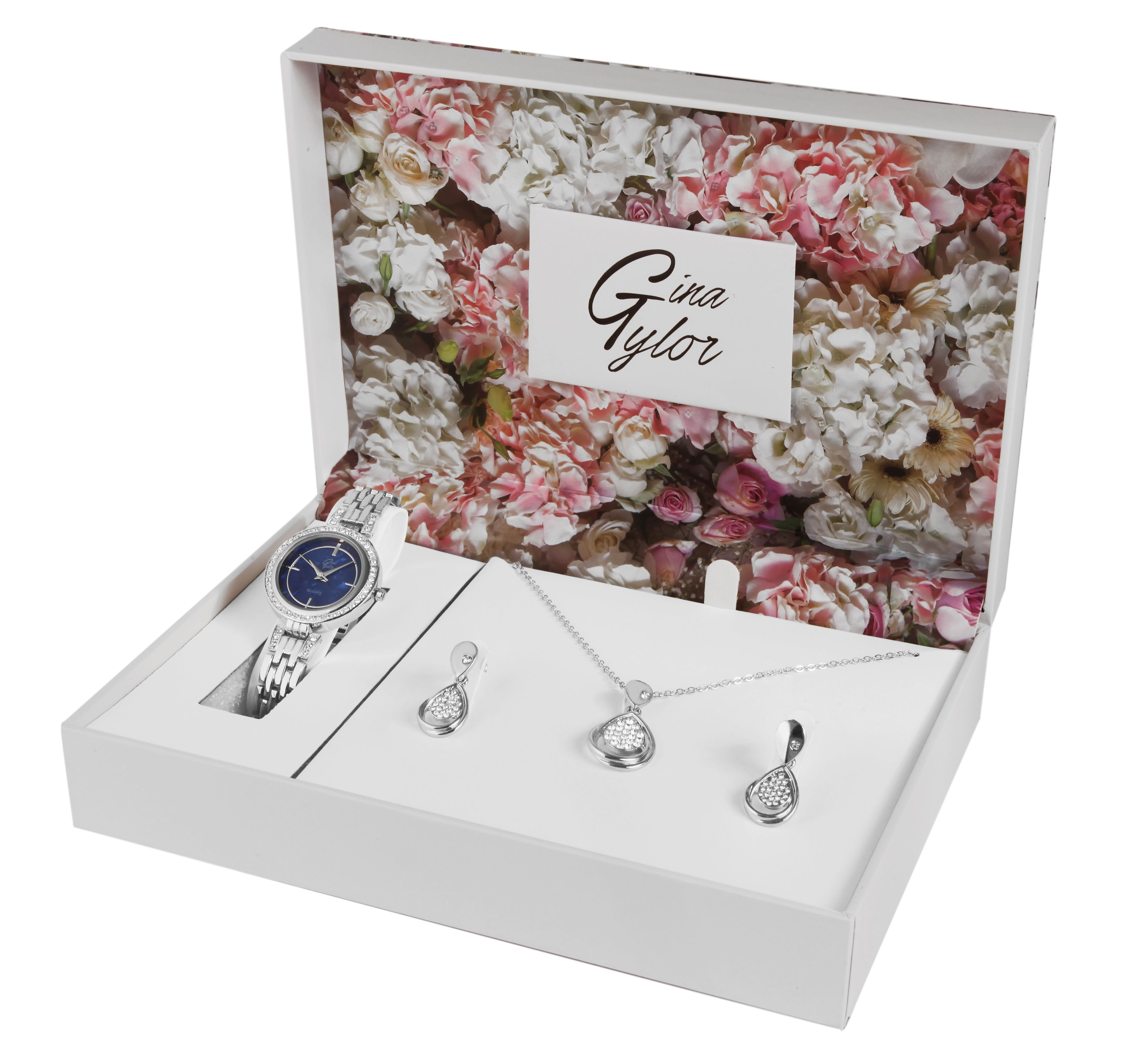 Gina Tylor Damengeschenkset mit Armbanduhr, Halskette und Ohrringen, silberfarbig/blau