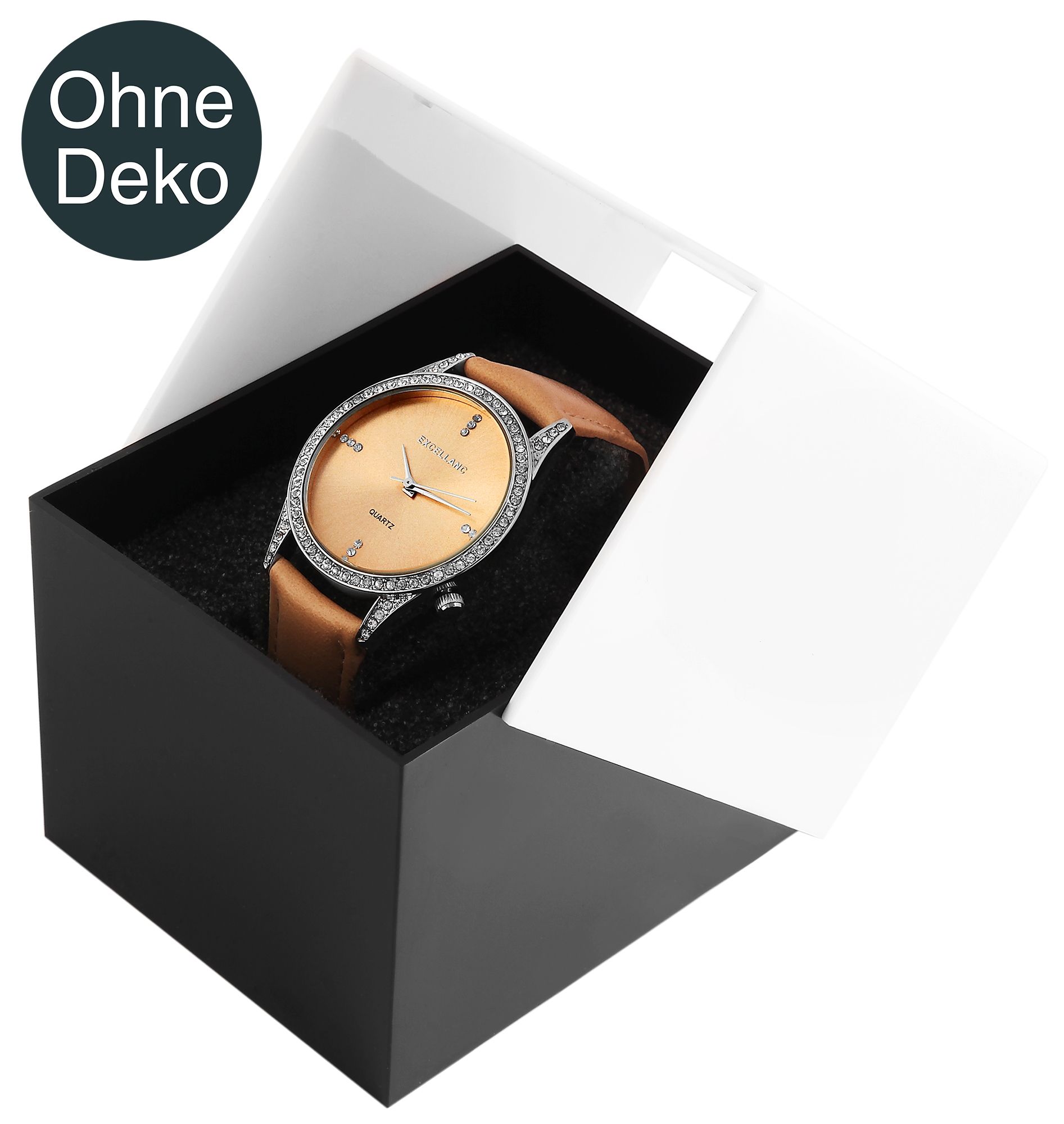 Kunststoff-Uhrenbox, schwarz/weiß, Klappdeckel, VE 12, 9,9 cm x 8,1 cm x 6,8 cm