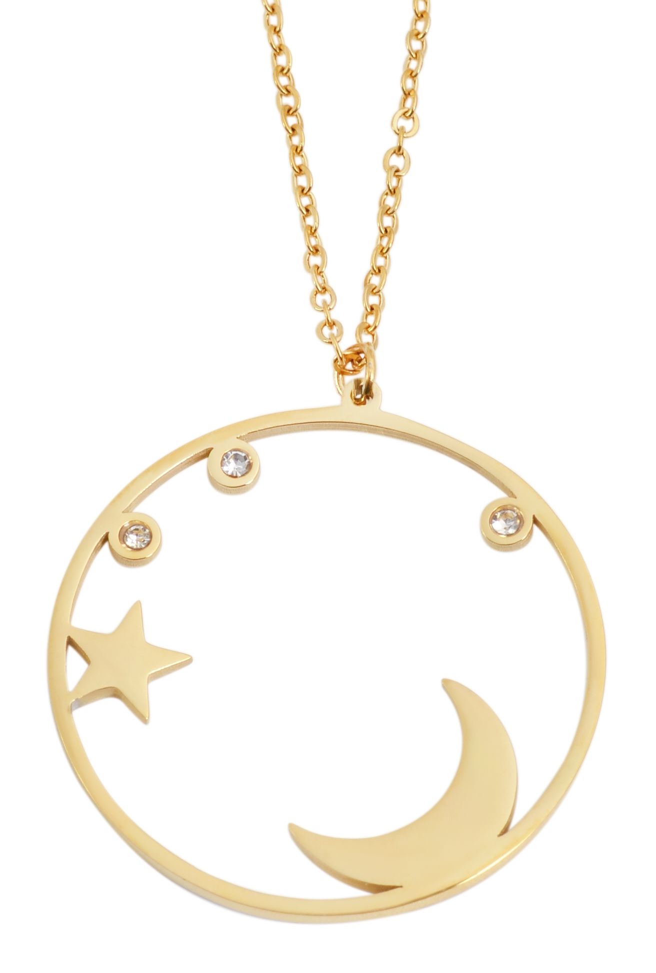 Akzent Ankerkette aus Edelstahl, runder Anhänger mit Mond & Sternen, goldfarben