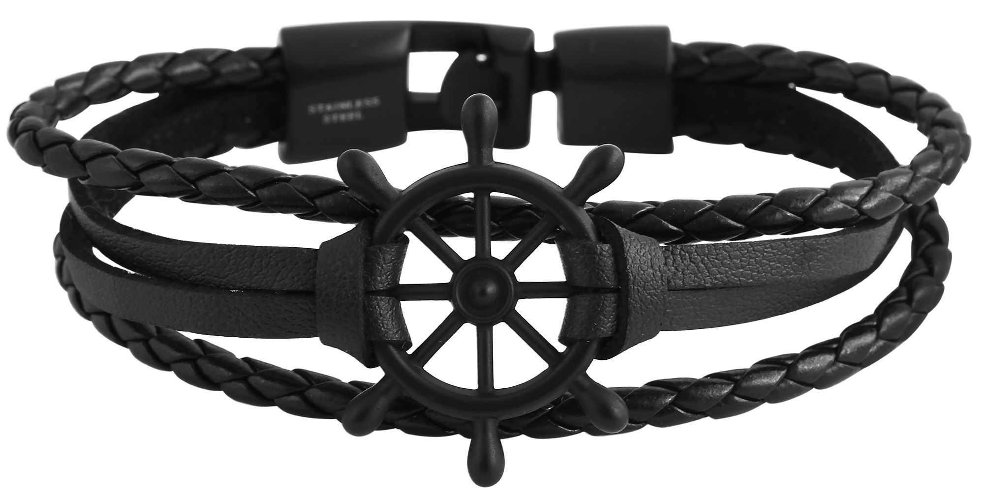 Akzent Echtlederarmband, vierreihig, mit Edelstahlelement Steuerrad, schwarz
