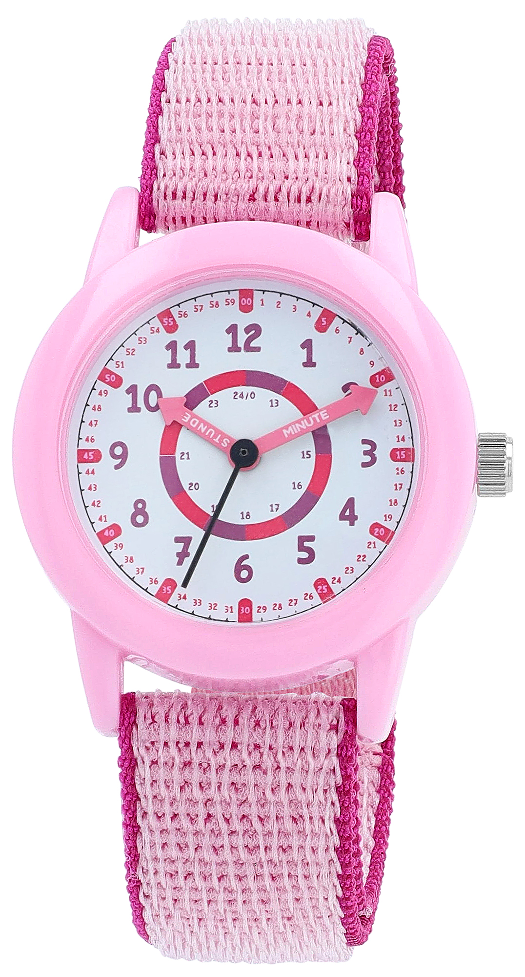 Qbos Kinderuhr/ Lernuhr Ø 32 mm mit Klettarmband, rosa/ pink (24-Stunden-Innenring)