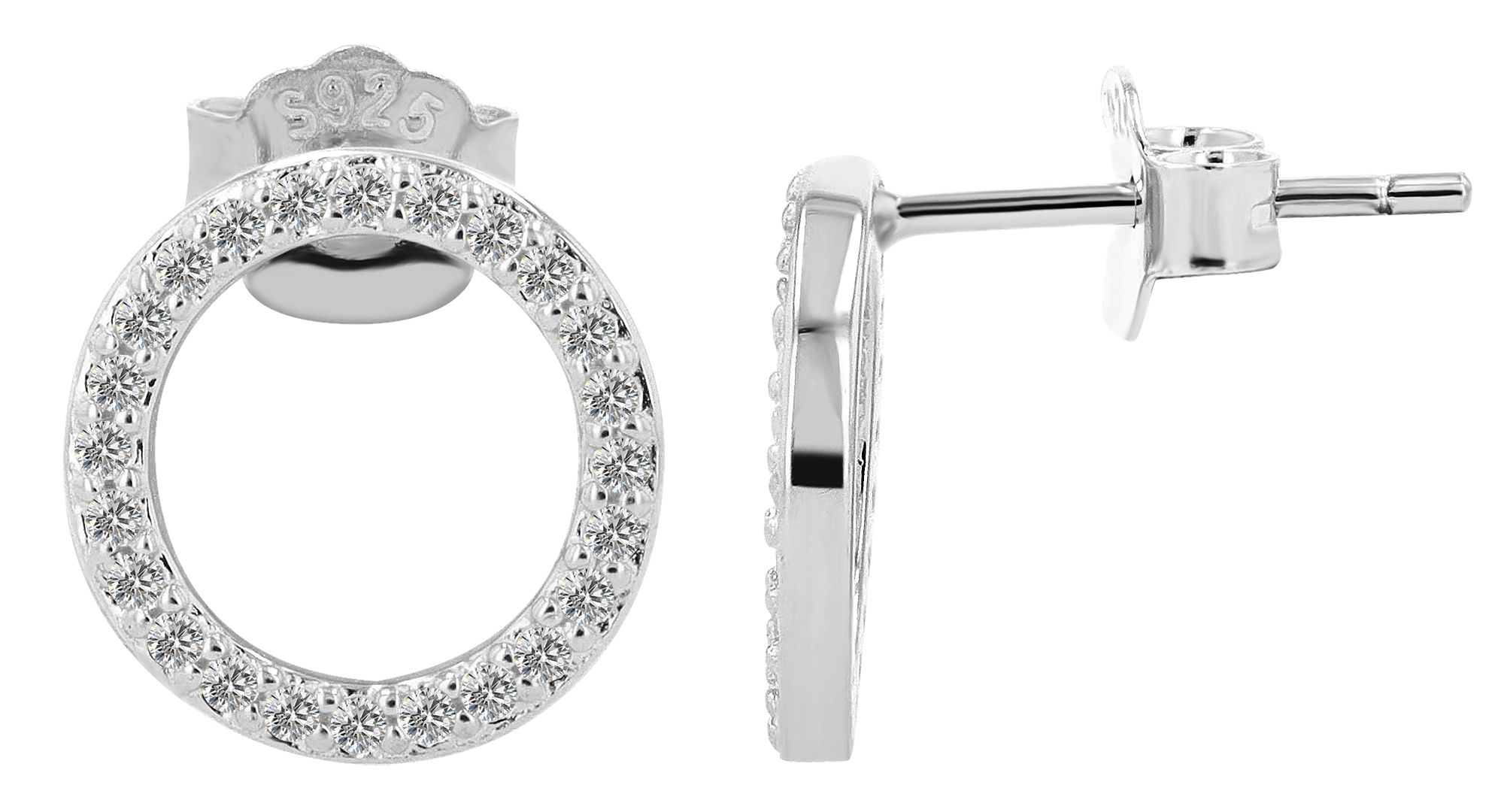 "Maresa" - 925/- Echt Silber, Ohrstecker, Runde offene Form Ø 11mm, silberfarben rhodiniert mit weißen Zirkonen