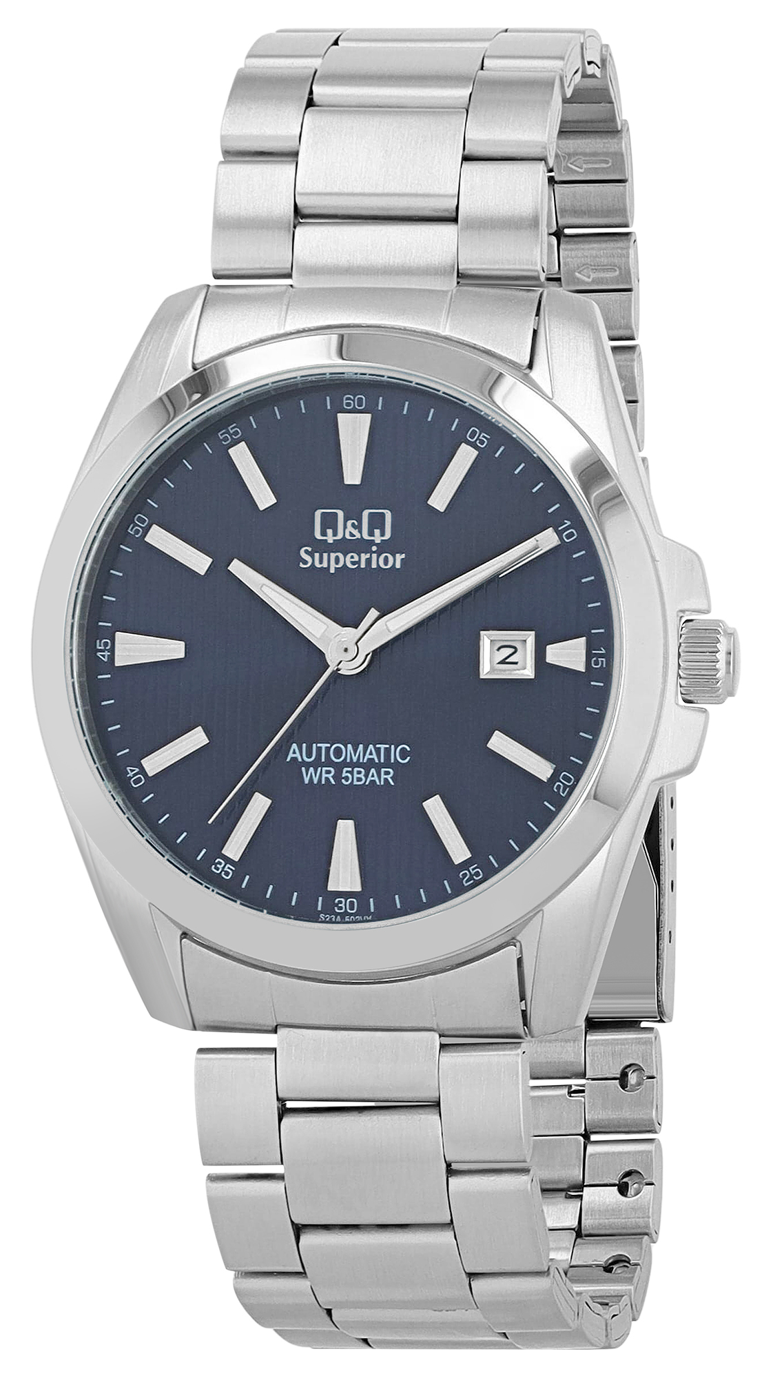 Q&Q Automatik Herrenuhr, Edelstahl, silberfarben/blau, 5 ATM, Ø 42 mm