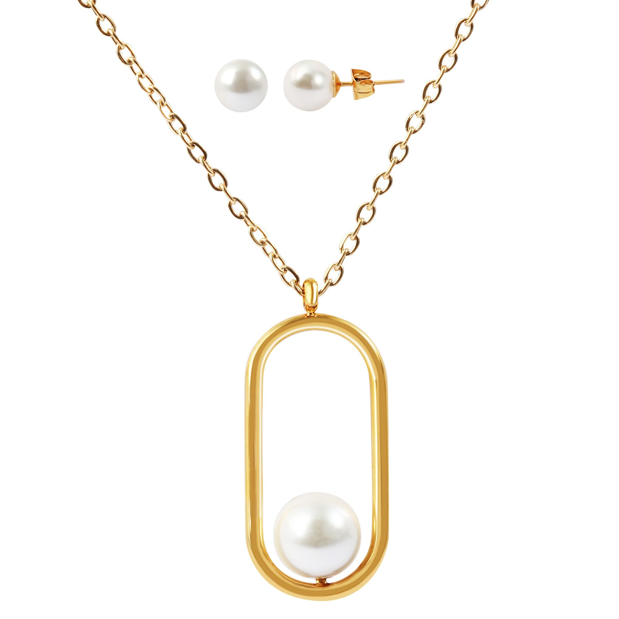 Akzent Schmuckset mit Kette und Ohrstecker, Edelstahl, Kunstperle, goldfarben