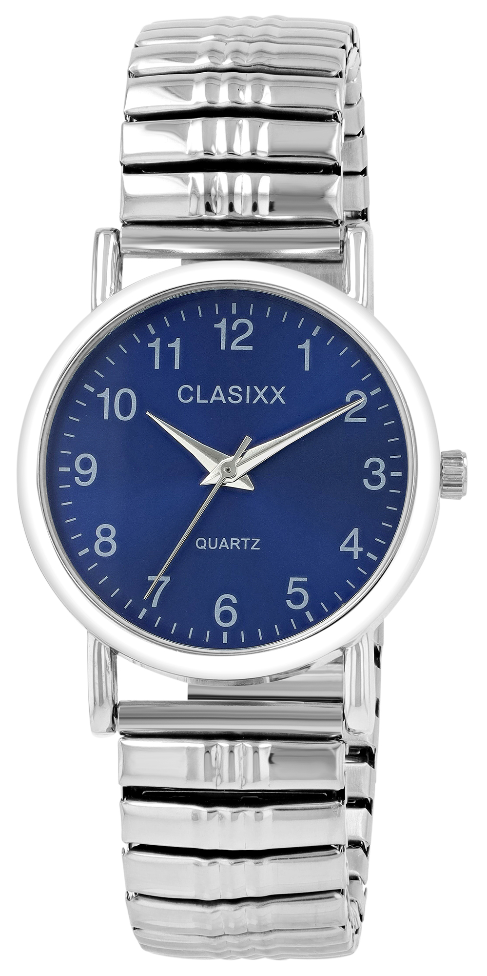 Clasixx Herren-/ Damenuhr mit Edelstahl-Zugarmband, Ø 34 mm, silberfarben/ dunkelblau
