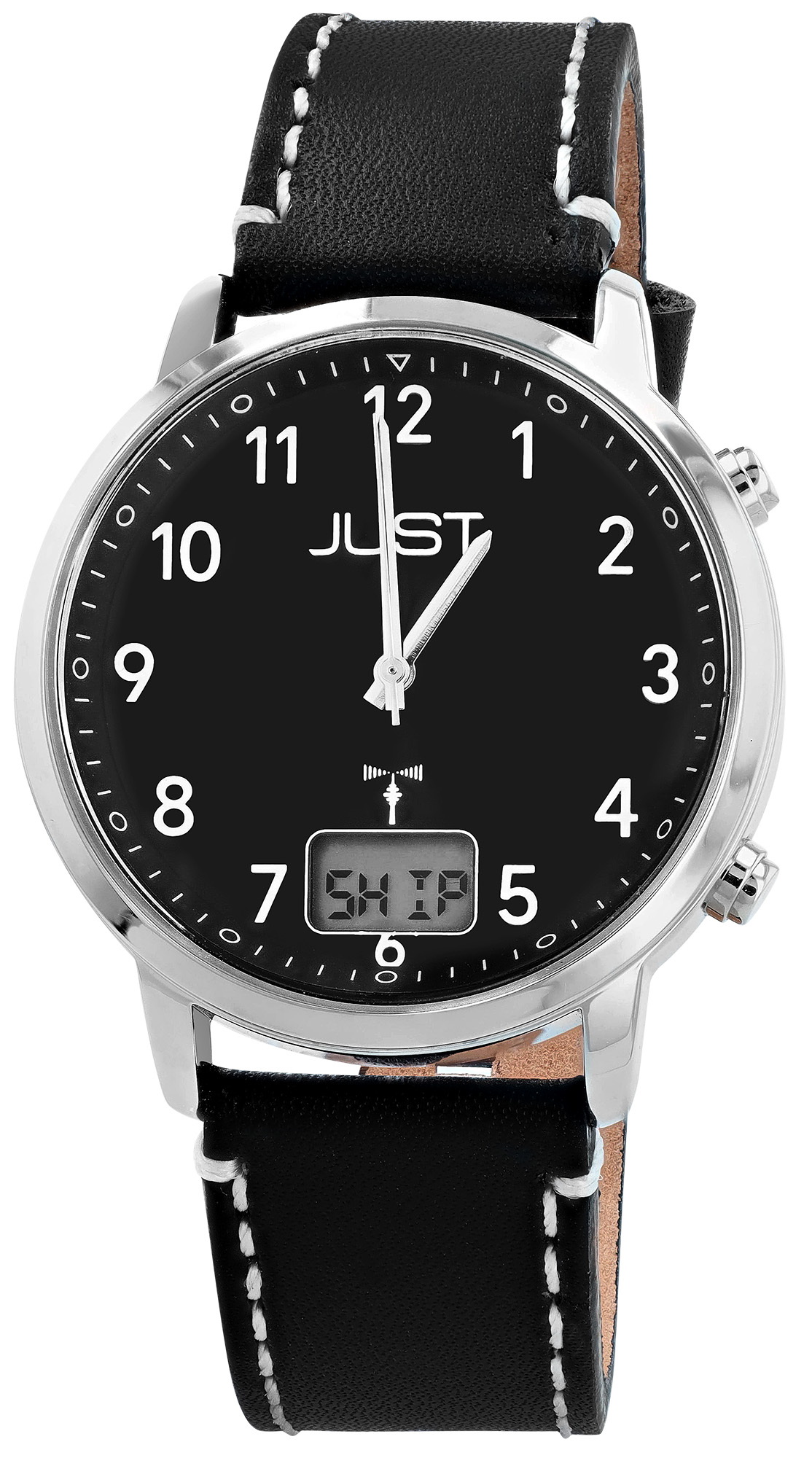 JUST Herren-Funkuhr "Vita Tempus" Ø 40 mm (schwarzes Zifferblatt & Arabische Ziffern), Echtlederband