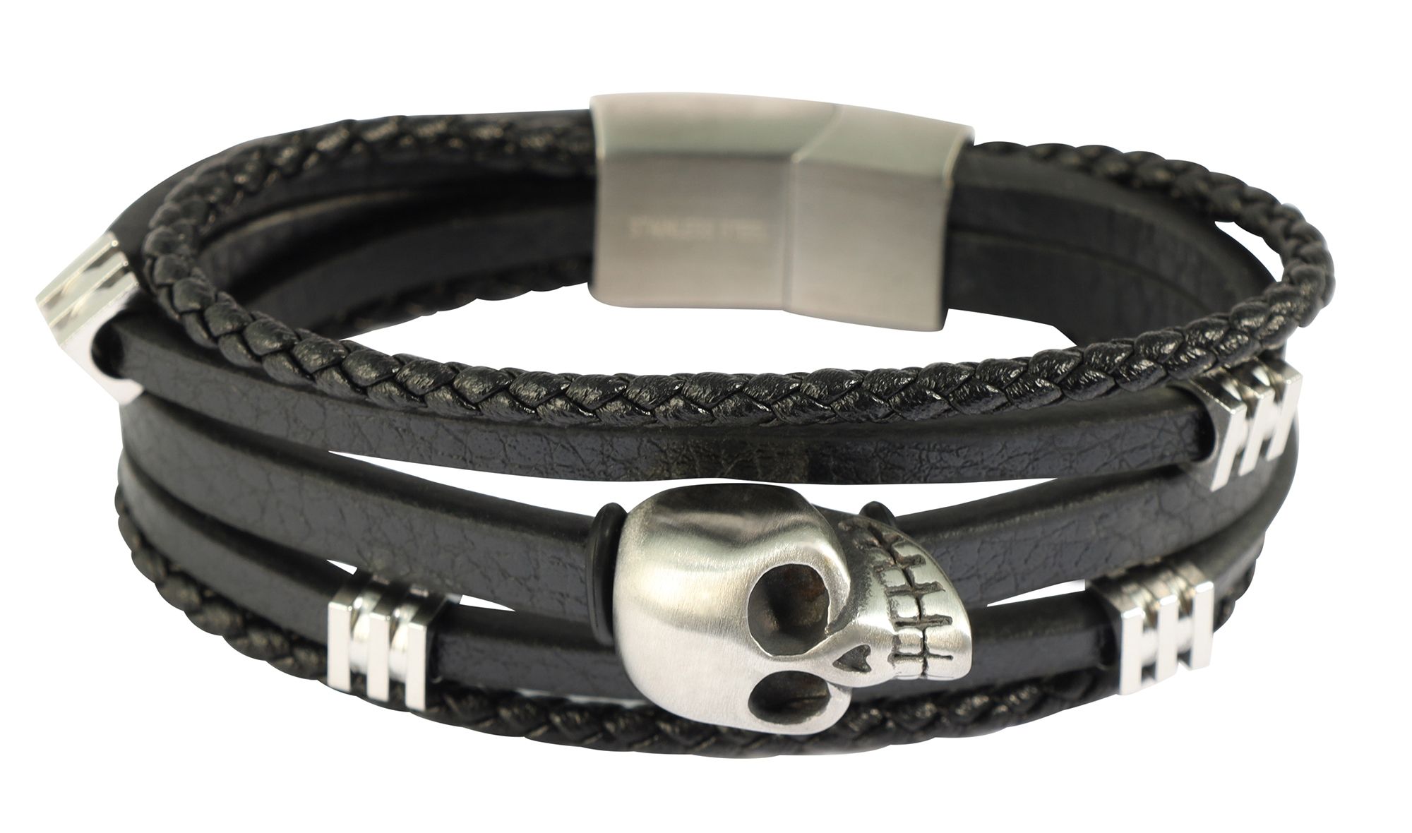 "Levi", Armband, Lederimitat, Totenkopf, 17 cm, 4 Stück