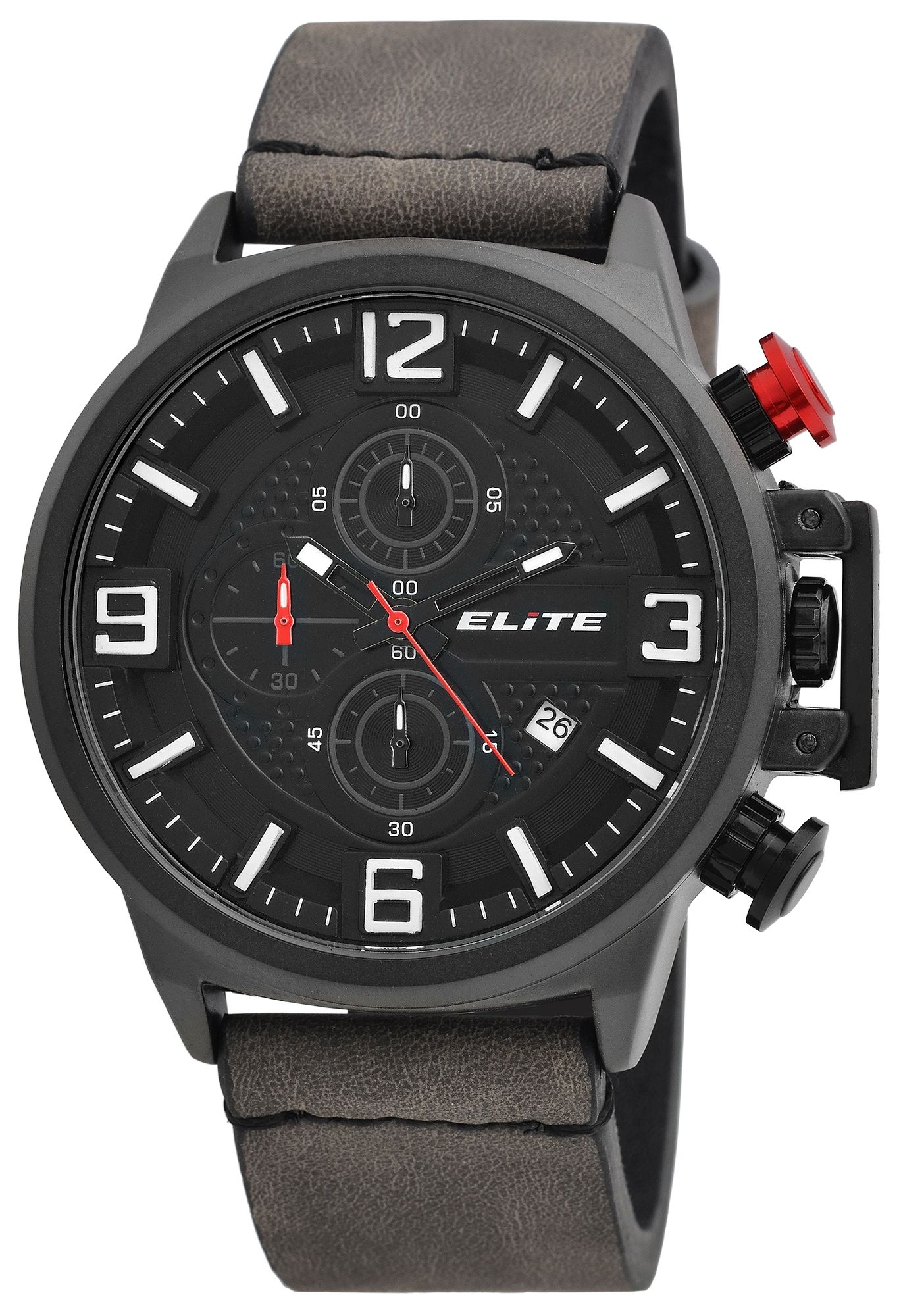 Elite Herren Chronograph mit Lederimitationsband, 3ATM, Grau/ Schwarz