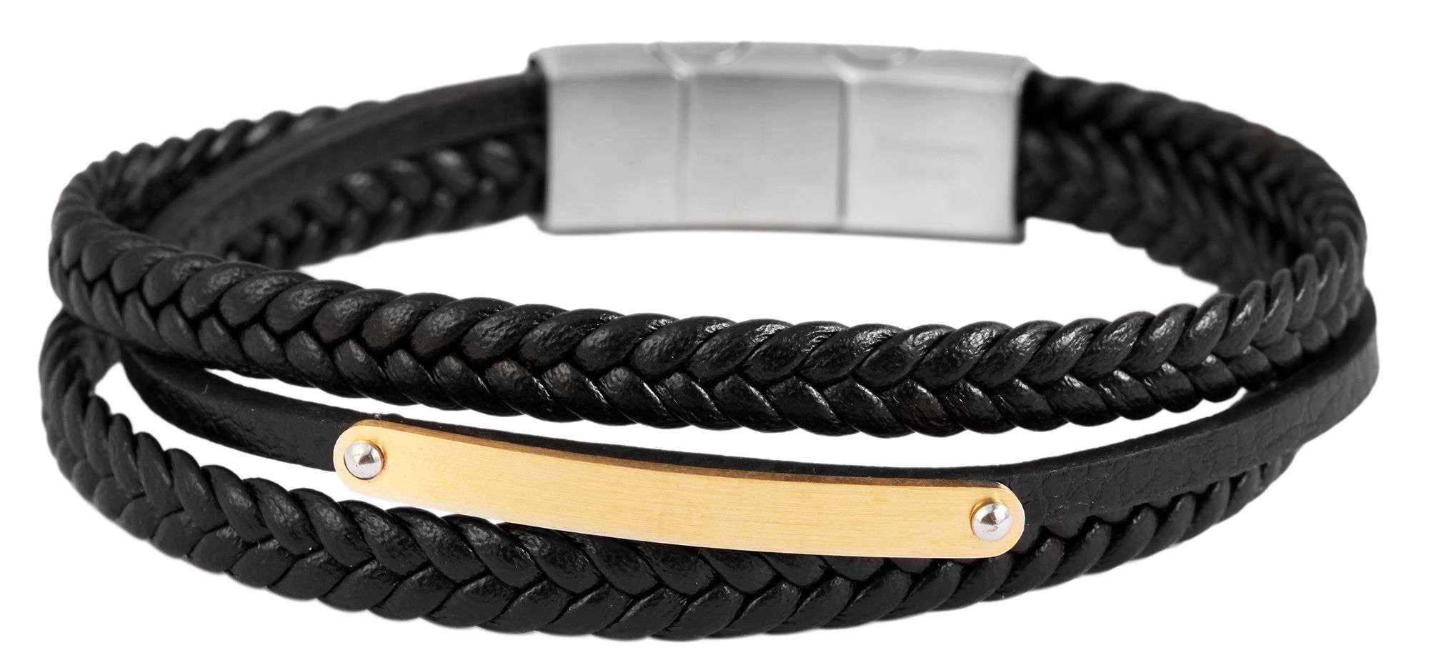 Akzent Echtlederarmband, dreireihig, mit Gravurplatte, schwarz/goldfarben