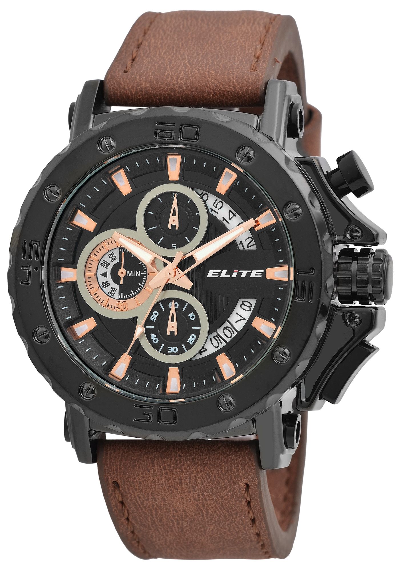 ELITE Herrenchronograph mit Lederimitationsarmband in braun/schwarz