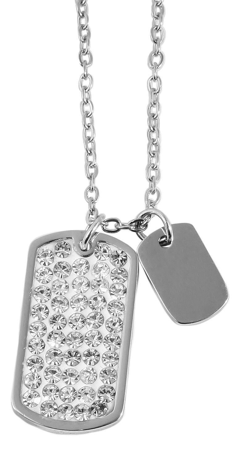 Akzent Ankerkette mit DogTag-Anhänger, Edelstahl, Similibesatz, silberfarben