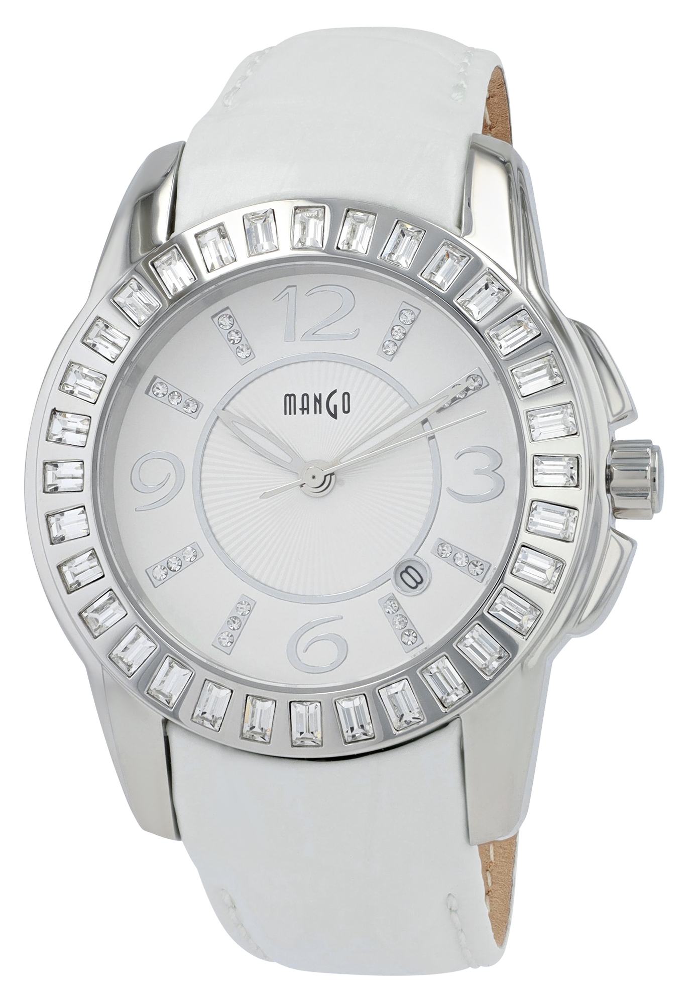 Mango Damenuhr Ø 40 mm, Echtlederband Kroko-Optik, weiß/ silberfarben