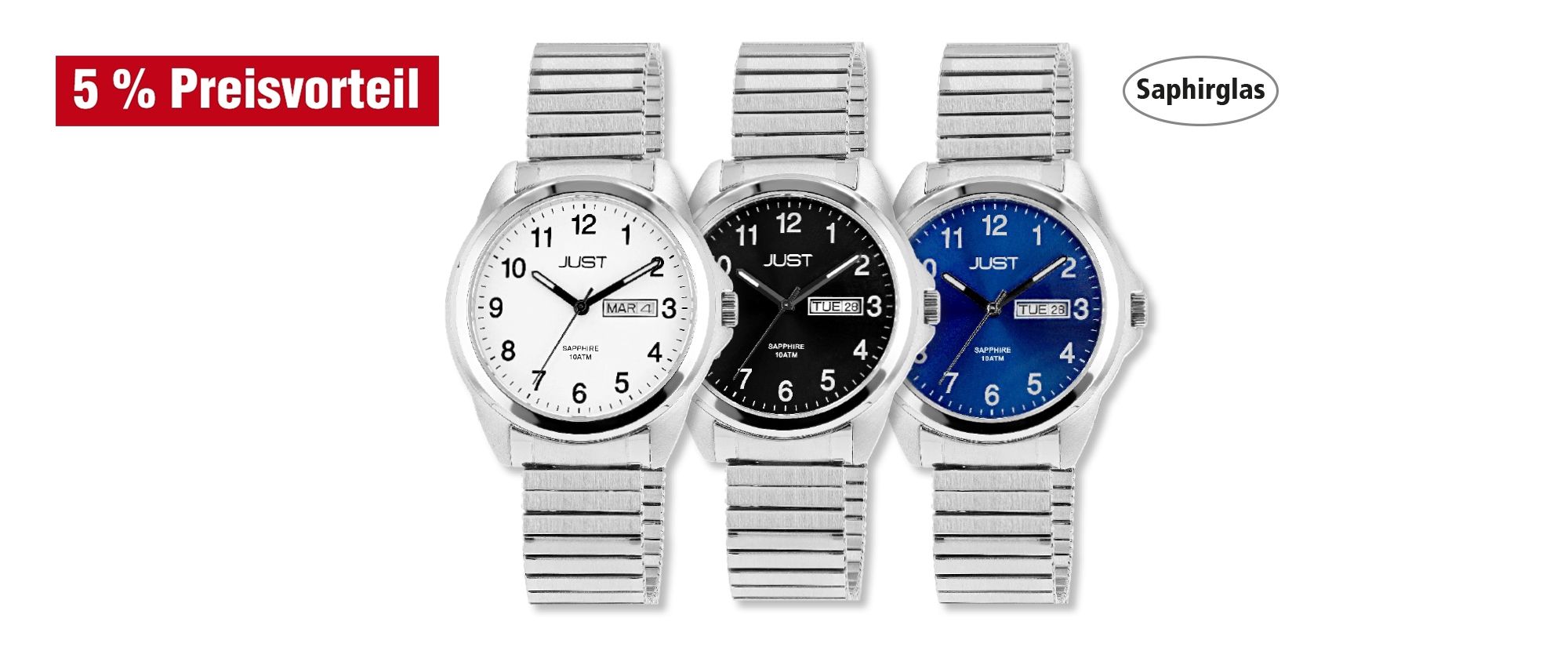 JUST Herren Edelstahuhr mit Edelstahlzugband, 10 ATM im 3-Set