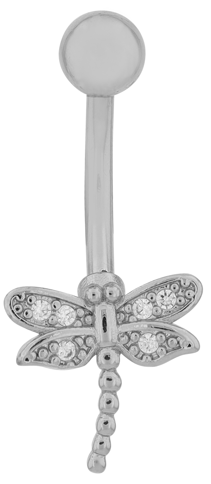 "Emy" Edelstahl-Bronze Bauchnabelpiercing, Länge 12 mm/ Stärke 1,8 mm, Libelle, Zirkonia, silberfarben