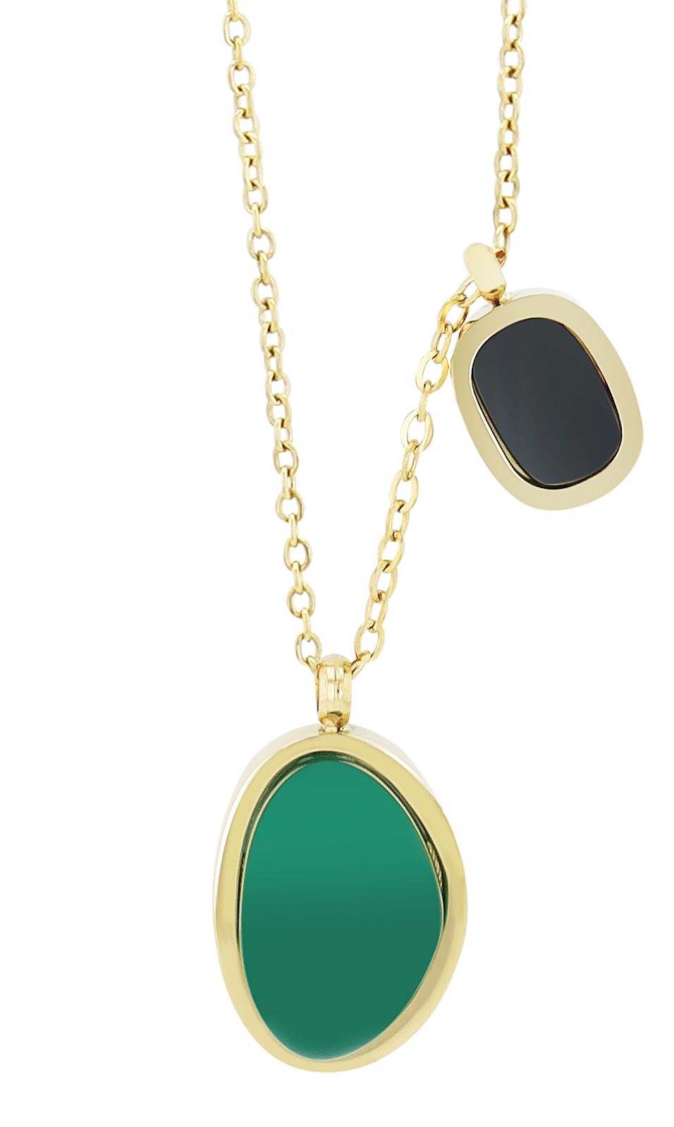 "Safi", Akzent Edelstahlhalskette mit zwei farbigen Anhängern, golfarben, 40 cm