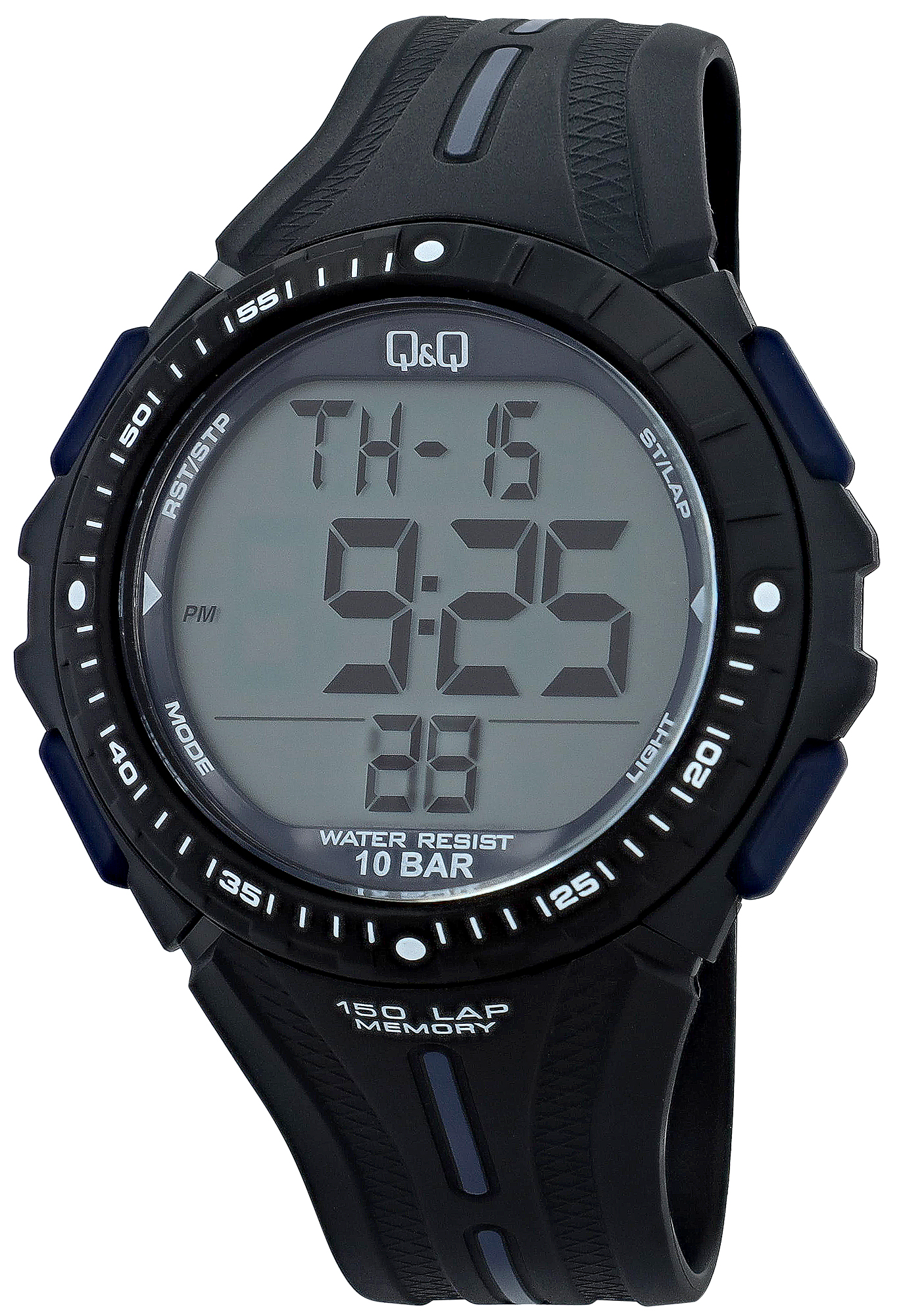 Q&Q Herren Digitaluhr, Kunststoff, Silikonband, schwarz, 10 ATM, Ø 50 mm