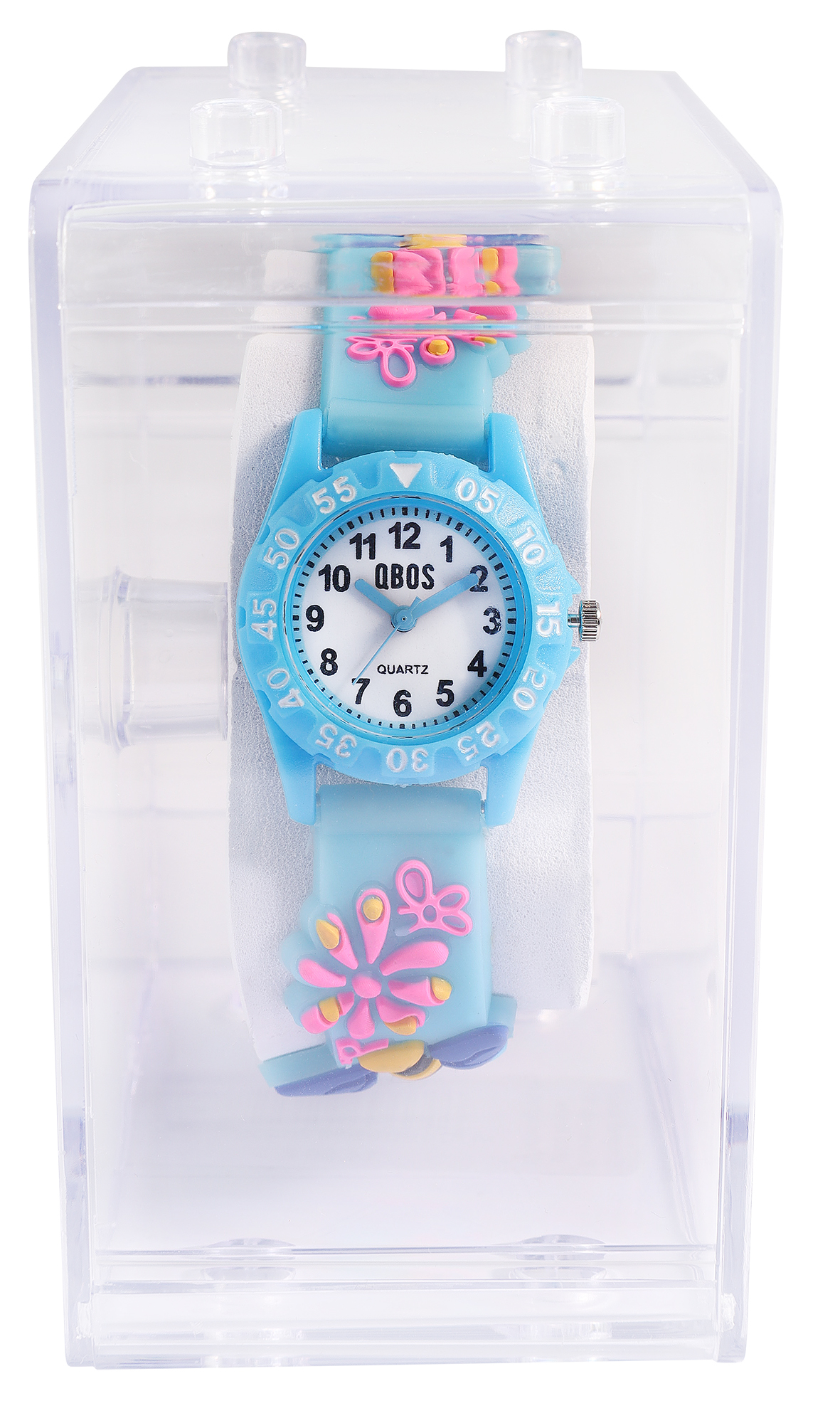 QBOS Kinderuhr mit Silikonband, Blume/ Biene, hellblau, Ø 28 mm inkl. Box