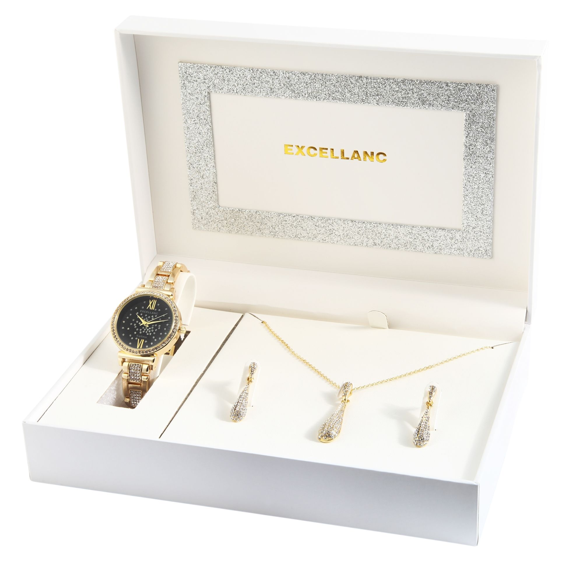 Excellanc Geschenkset mit Damenuhr, Halskette und Ohrringen, goldfarben/schwarz