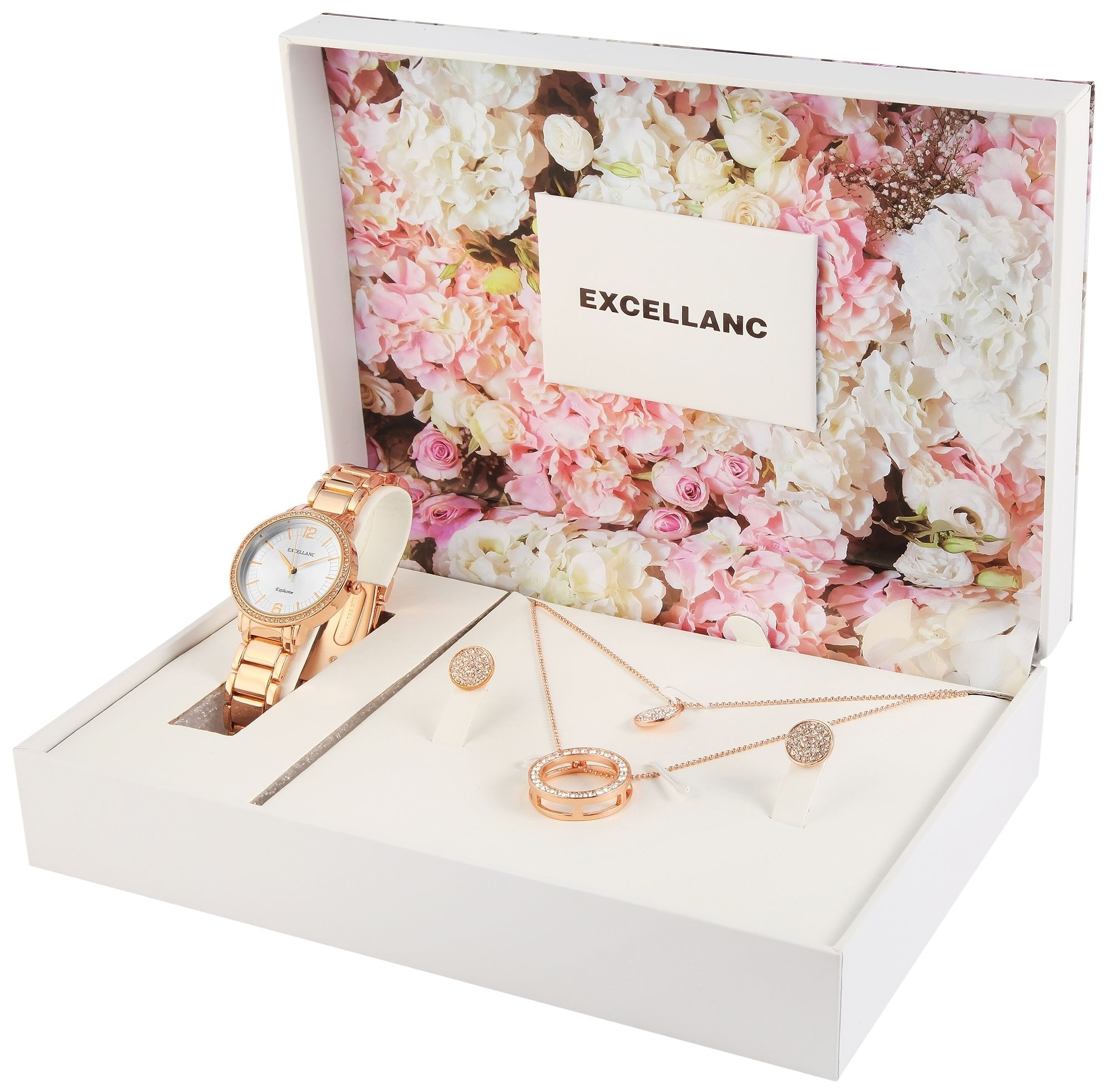 Excellanc Geschenkset Damen mit Uhr, Halskette und Ohrsteckern, roségoldfarben/silberfarben