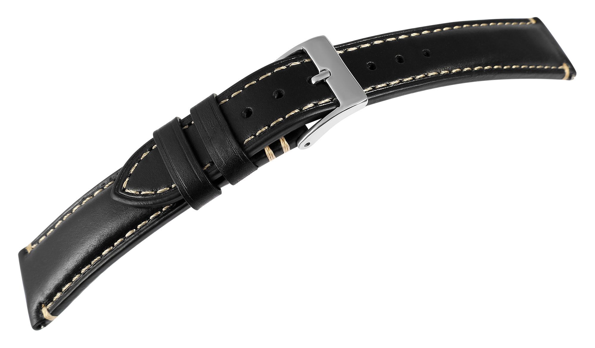 Echtleder Uhrenarmband (Quick-Release), schwarz mit Naht, 20 mm