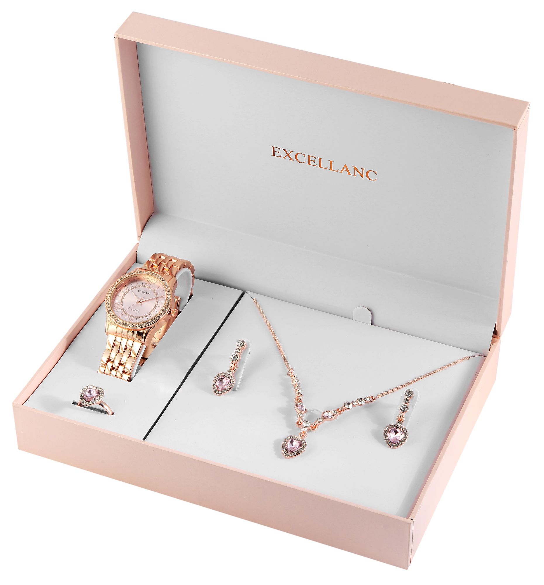 Excellanc Damen Geschenkeset mit Uhr, Halskette, Ring und Ohrringen, roségoldfarben/rosa