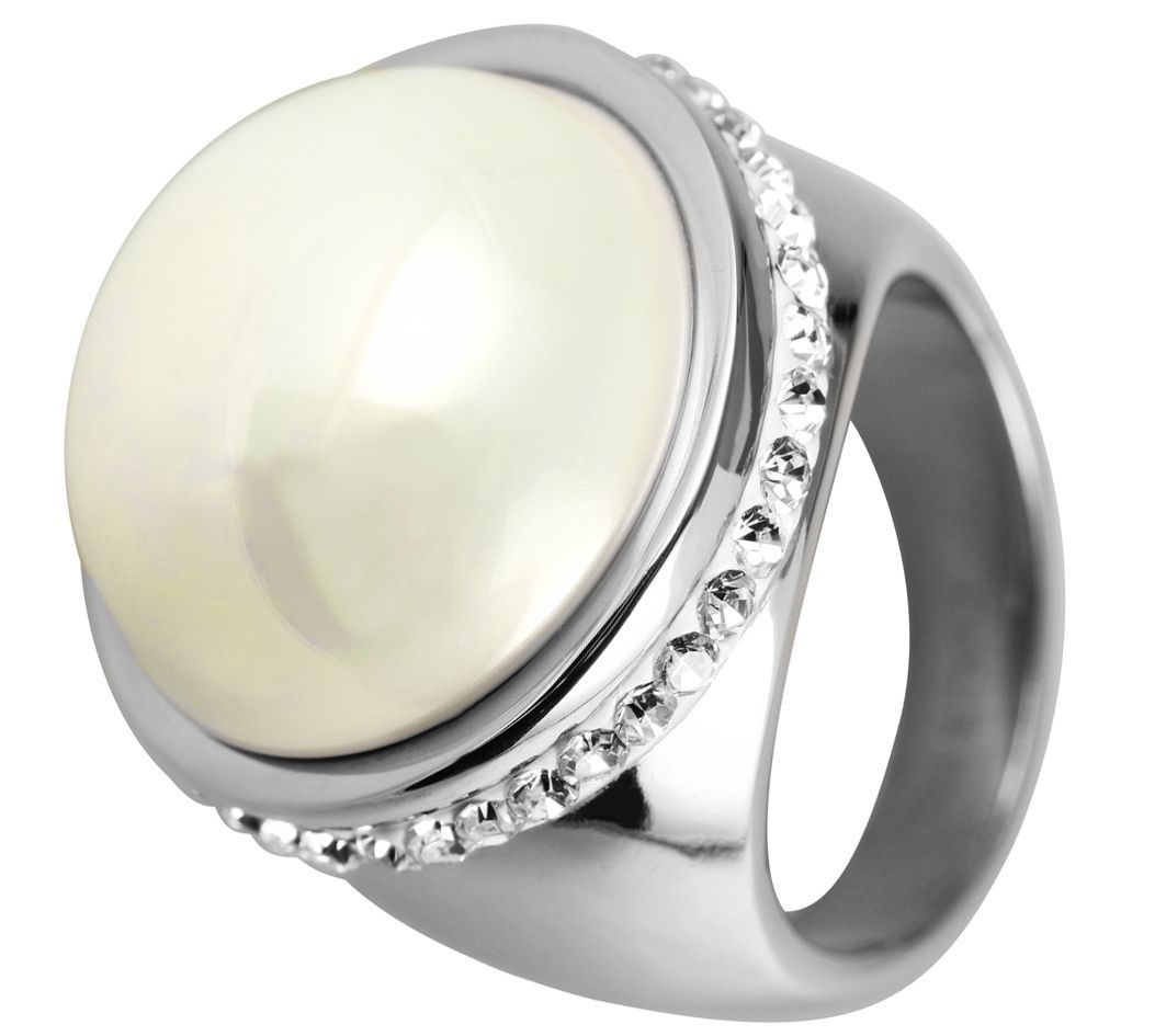 Akzent Edelstahlring für Damen, weißer Besatz, silberfarben, Gr. 56