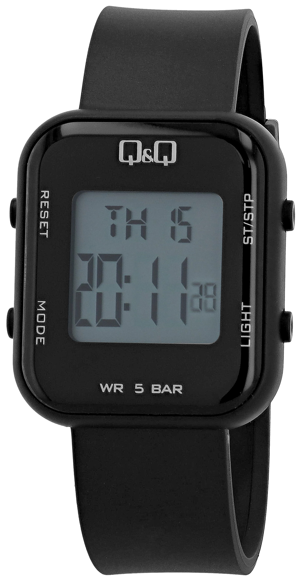 Q&Q Unisex Digitaluhr, Kunststoff, Resinband, schwarz, 5 ATM, 40 x 34 mm